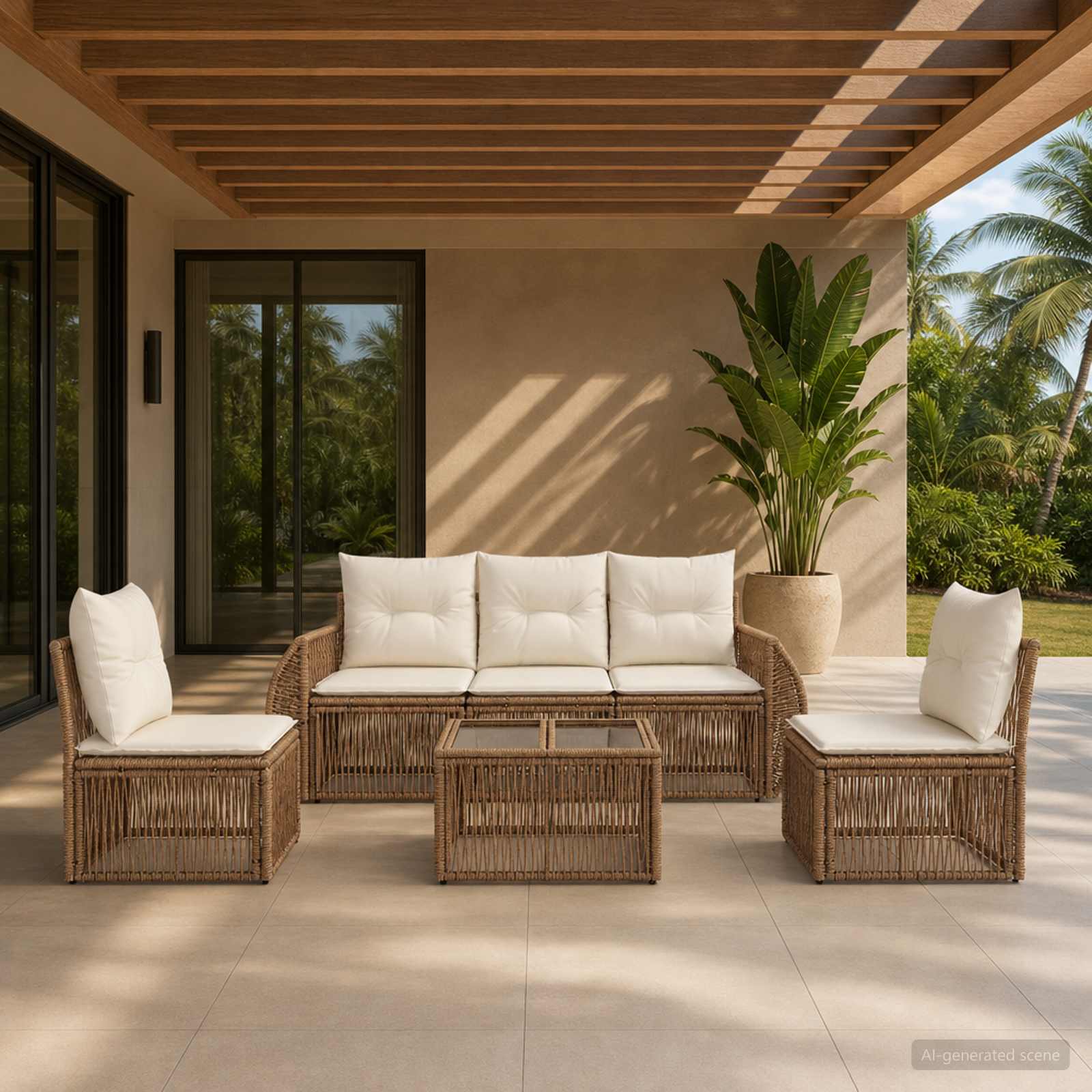 Gartensofa-set 6 pcs Beige und Cremeweiß Poly-Rattan
