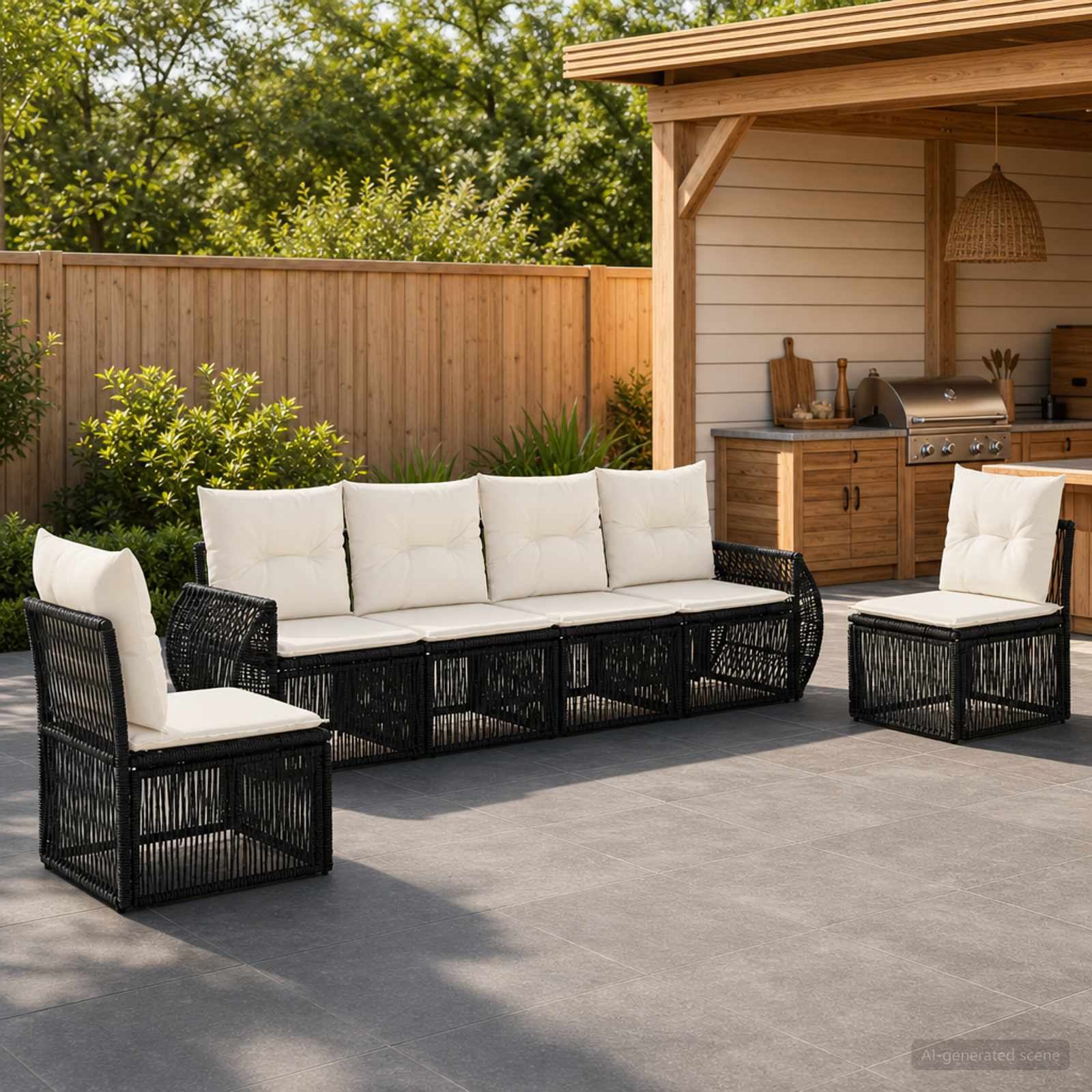 Gartensofa-set 6 pcs Schwarz und Cremeweiß Poly-Rattan