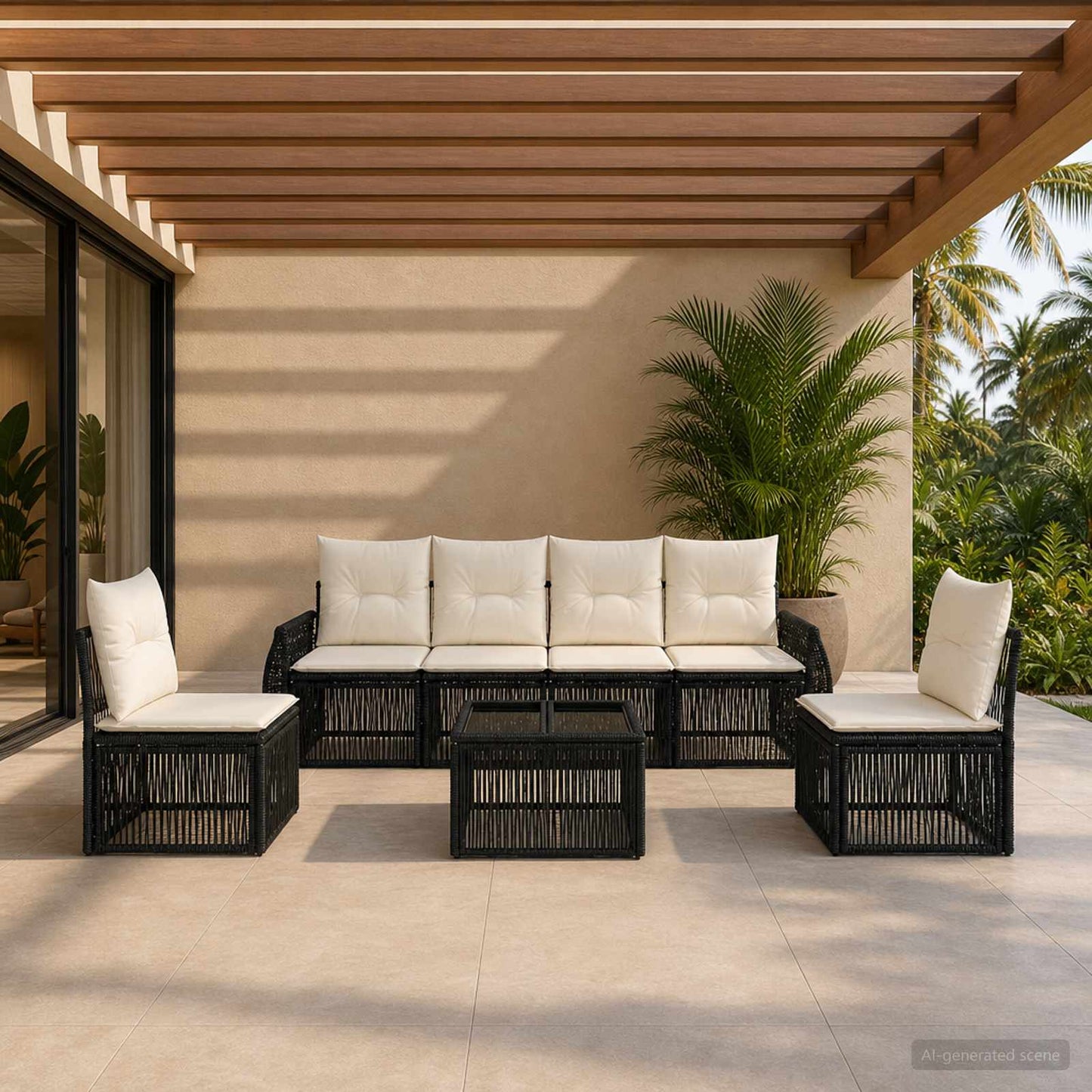 Gartensofa-set 7 stk. Schwarz und Cremeweiß Poly-Rattan
