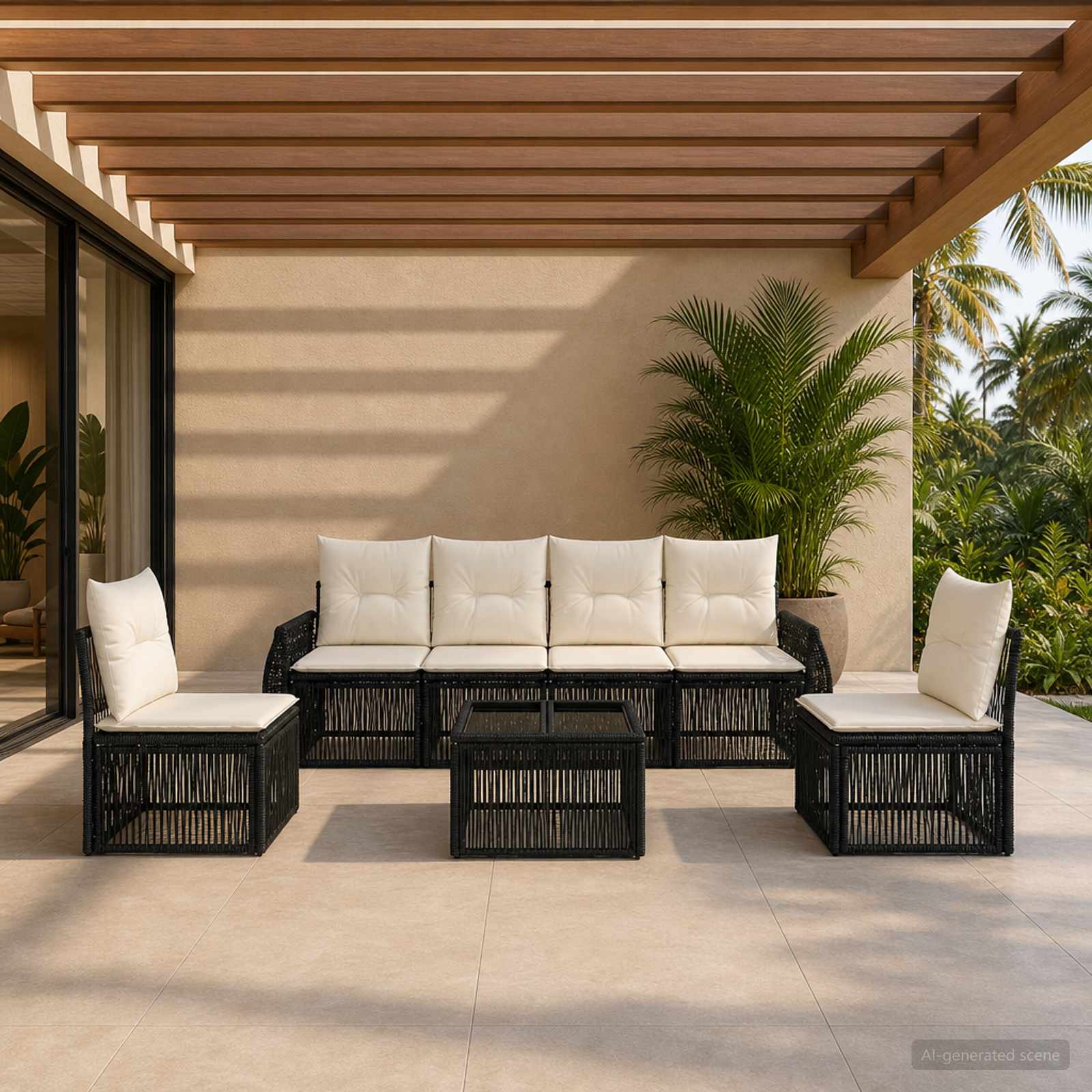 Gartensofa-set 7 stk. Schwarz und Cremeweiß Poly-Rattan
