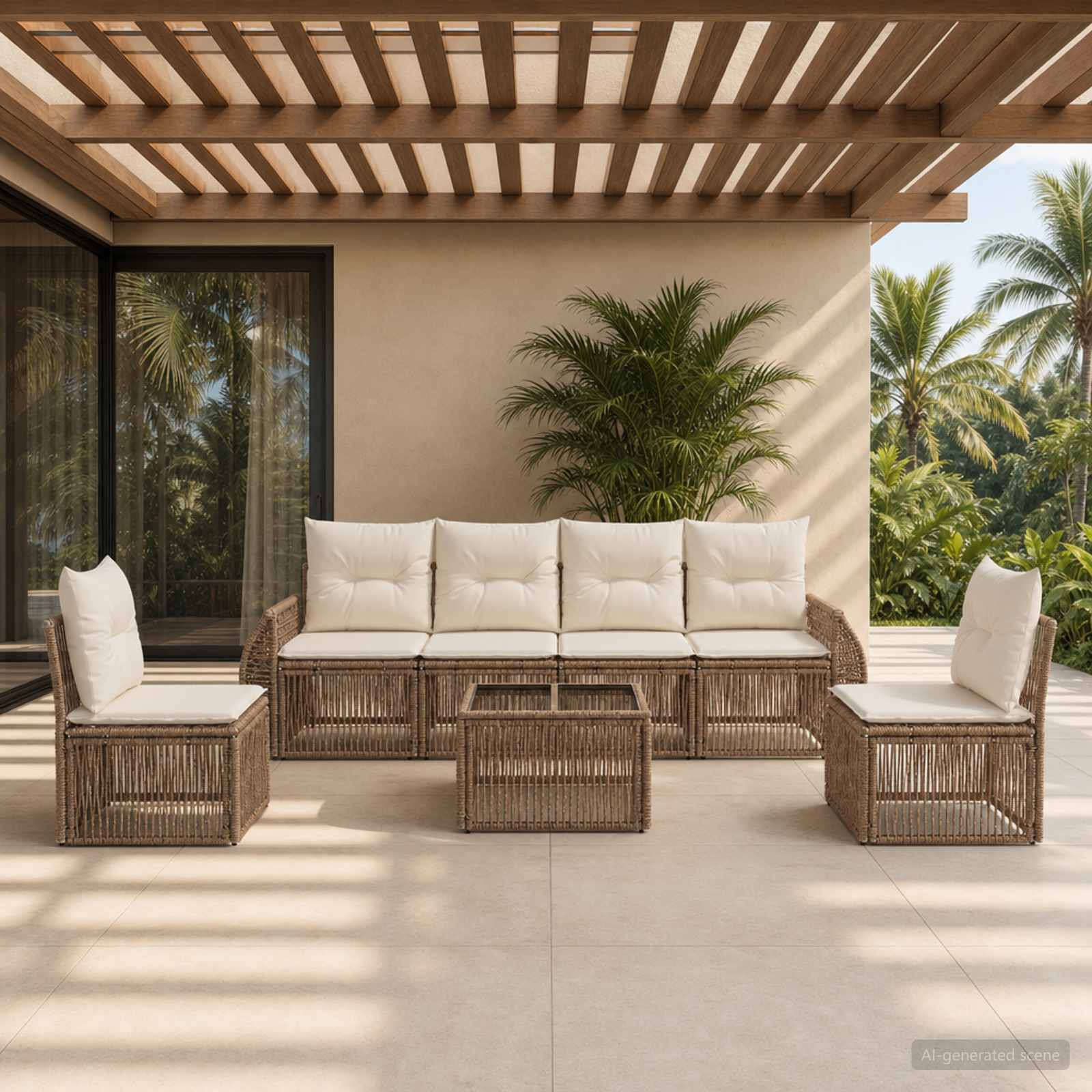 Gartensofa-set 7 pcs Beige und Cremeweiß Poly-Rattan