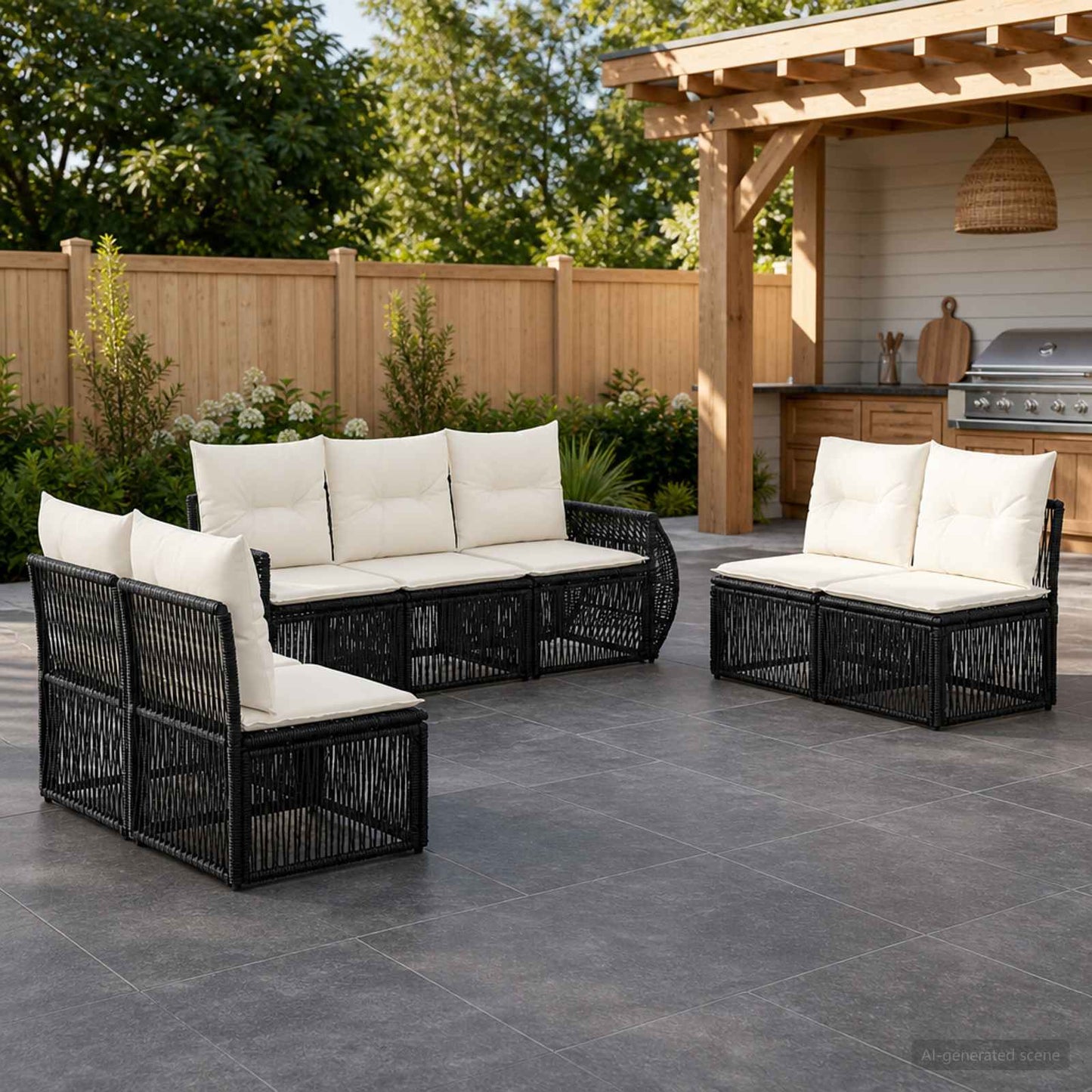 Gartensofa-set 7 pcs Schwarz und Cremeweiß Poly-Rattan