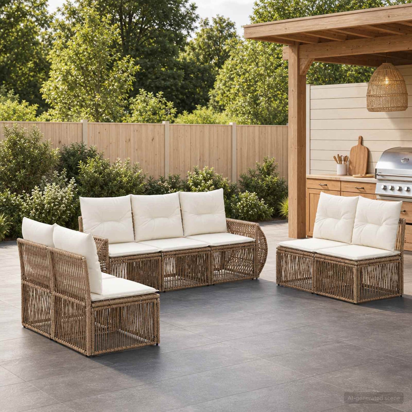 Gartensofa-set 7 pcs Beige und Cremeweiß Poly-Rattan