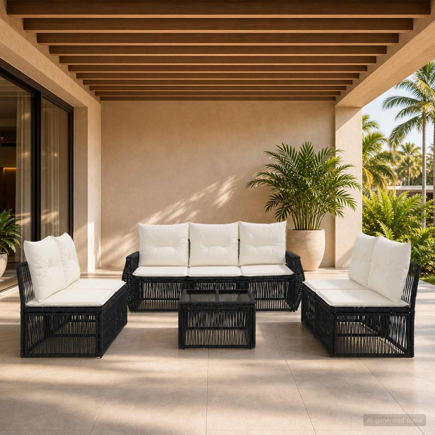 Gartensofa-set 8 stk. Schwarz und Cremeweiß Poly-Rattan