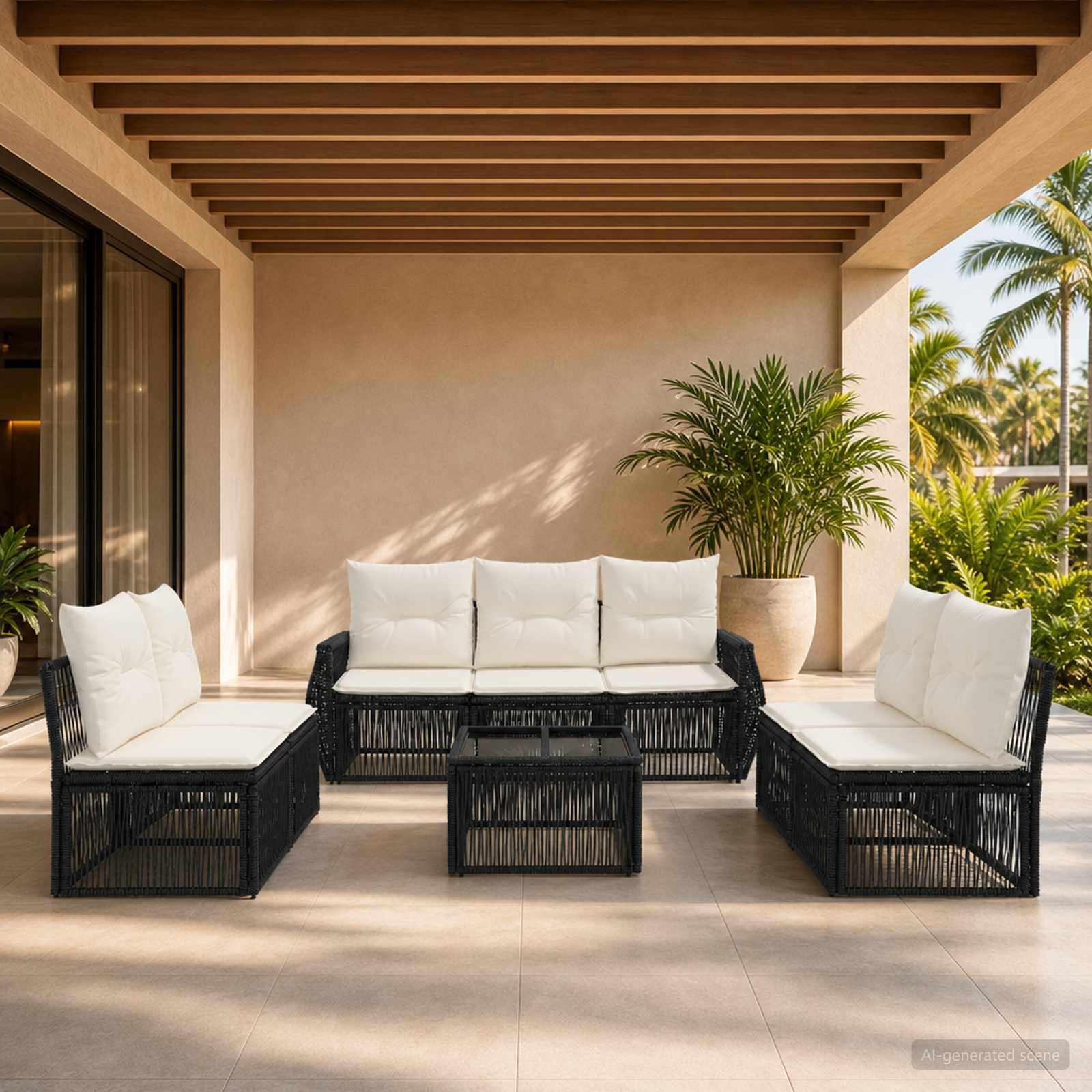 Gartensofa-set 8 stk. Schwarz und Cremeweiß Poly-Rattan