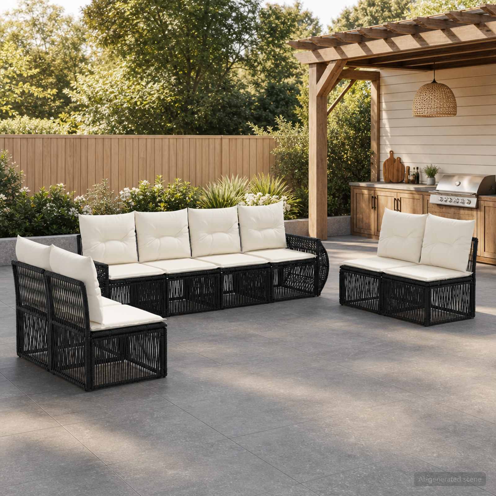 Gartensofa-set 8 pcs Schwarz und Cremeweiß Poly-Rattan