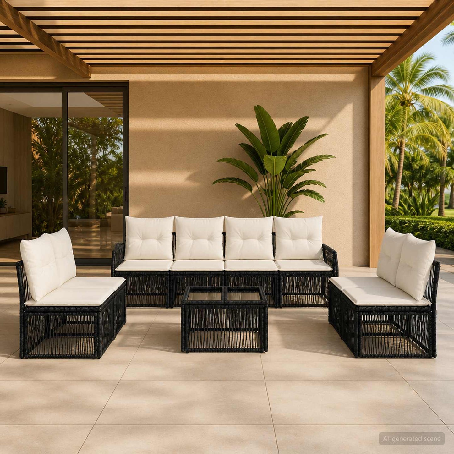 Gartensofa-set 9 stk. Schwarz und Cremeweiß Poly-Rattan