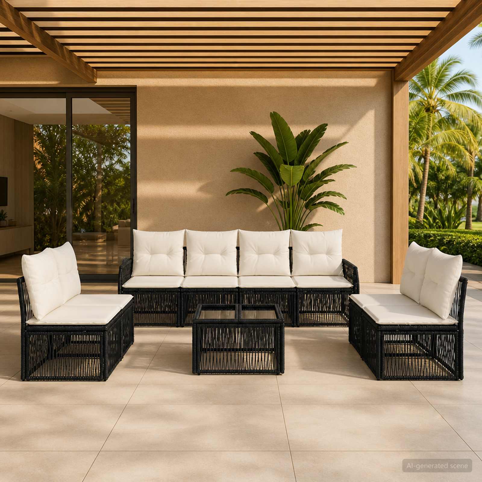 Gartensofa-set 9 stk. Schwarz und Cremeweiß Poly-Rattan