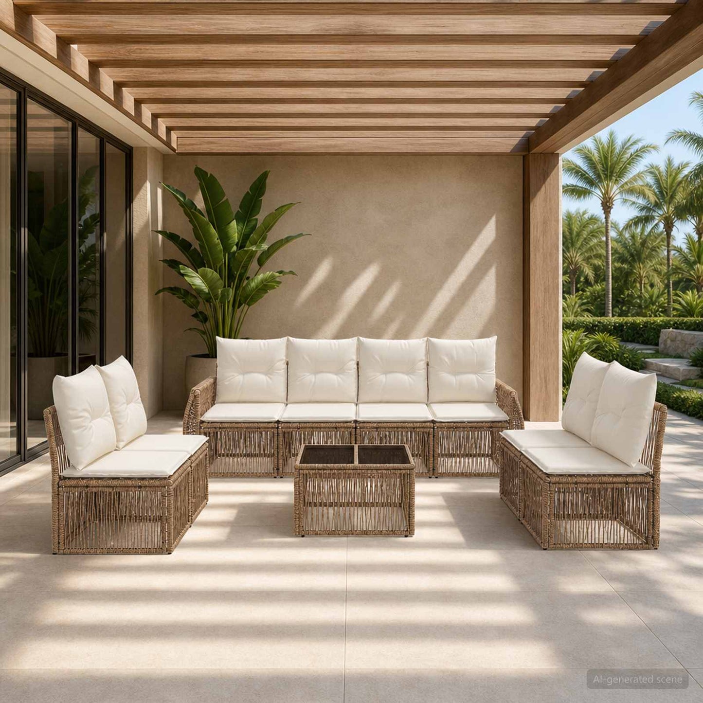 Gartensofa-set 9 pcs Beige und Cremeweiß Poly-Rattan