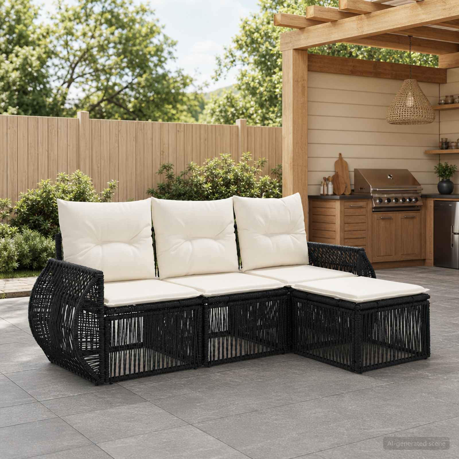 Gartensofa-set 4 stk. Schwarz und Cremeweiß Poly-Rattan