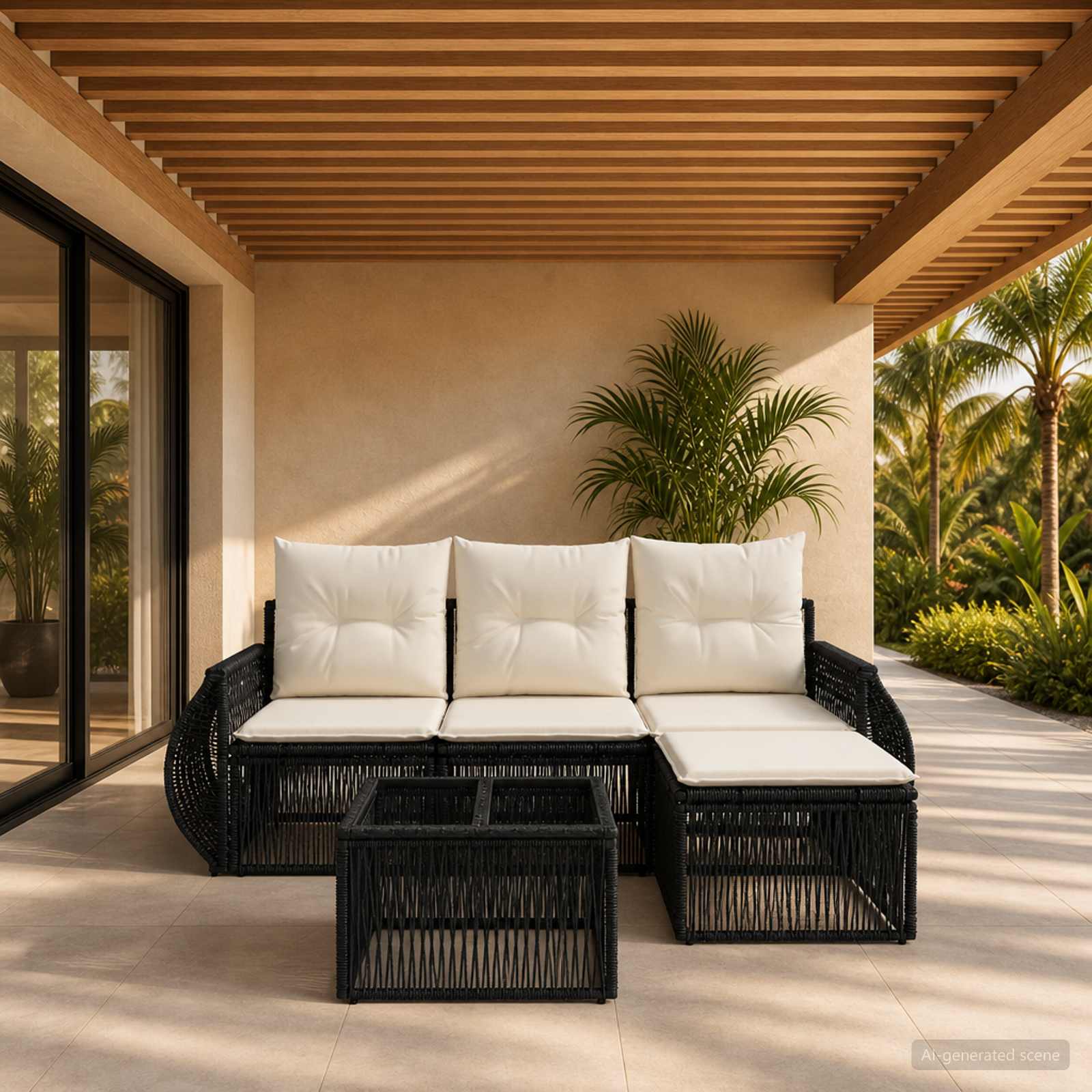Gartensofa-set 5 stk. Schwarz und Cremeweiß Poly-Rattan