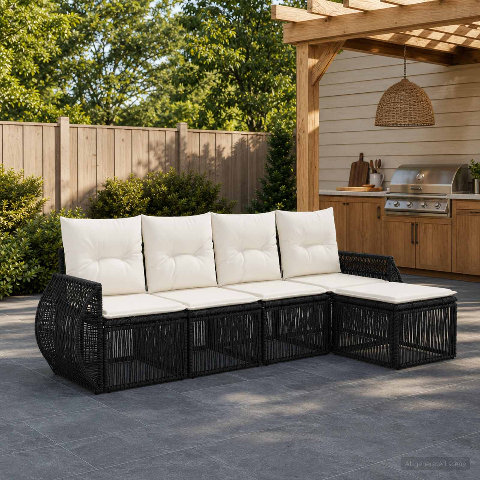 Gartensofa-set 5 pcs Schwarz und Cremeweiß Poly-Rattan