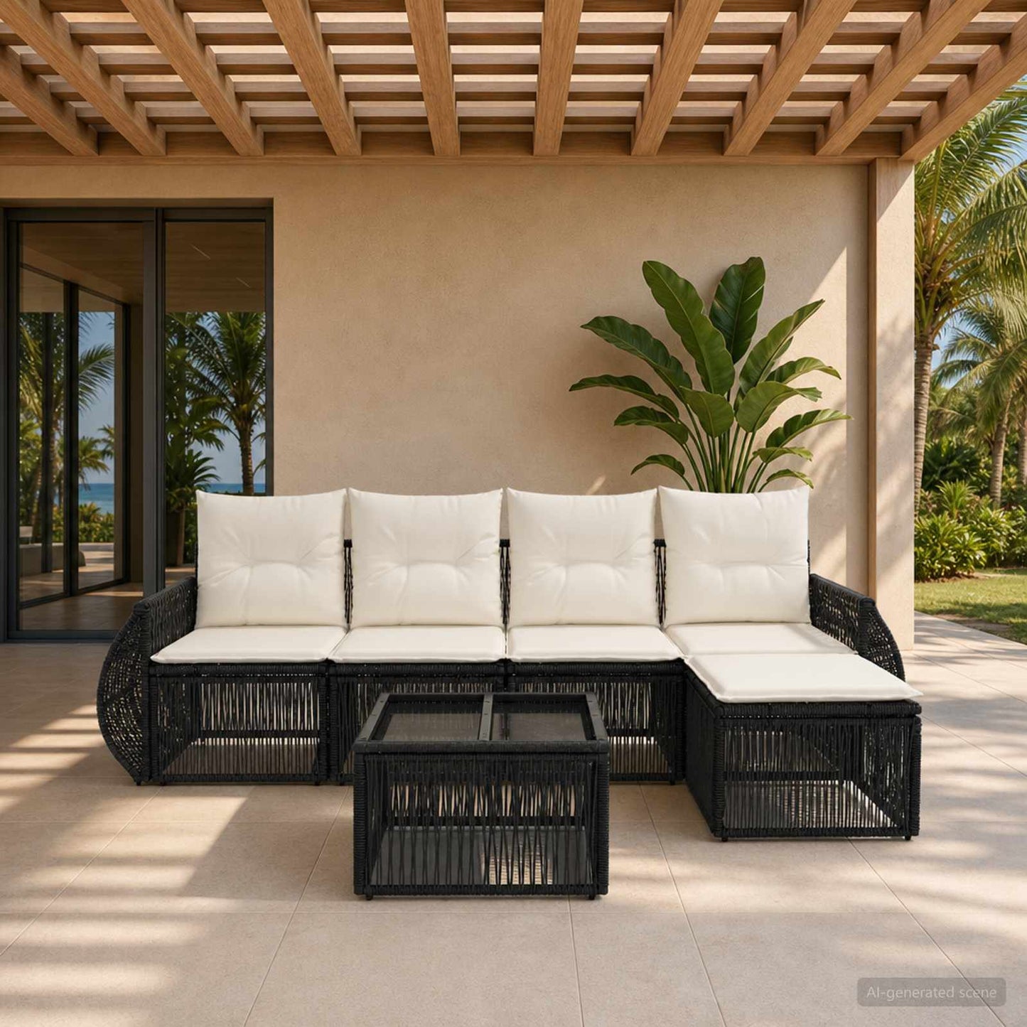 Gartensofa-set 6 stk. Schwarz und Cremeweiß Poly-Rattan