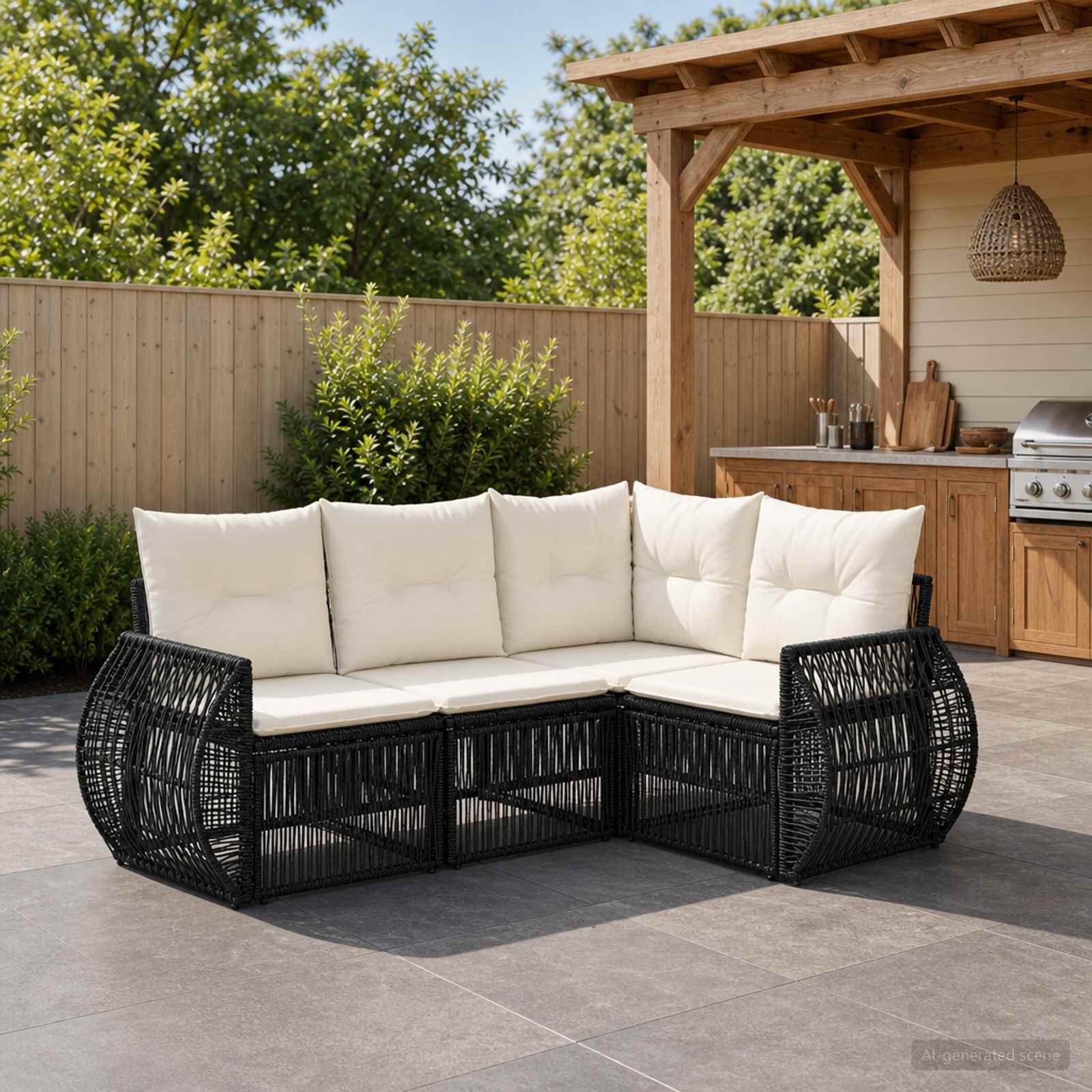 Gartensofa-set 4 pcs Schwarz und Cremeweiß Poly-Rattan