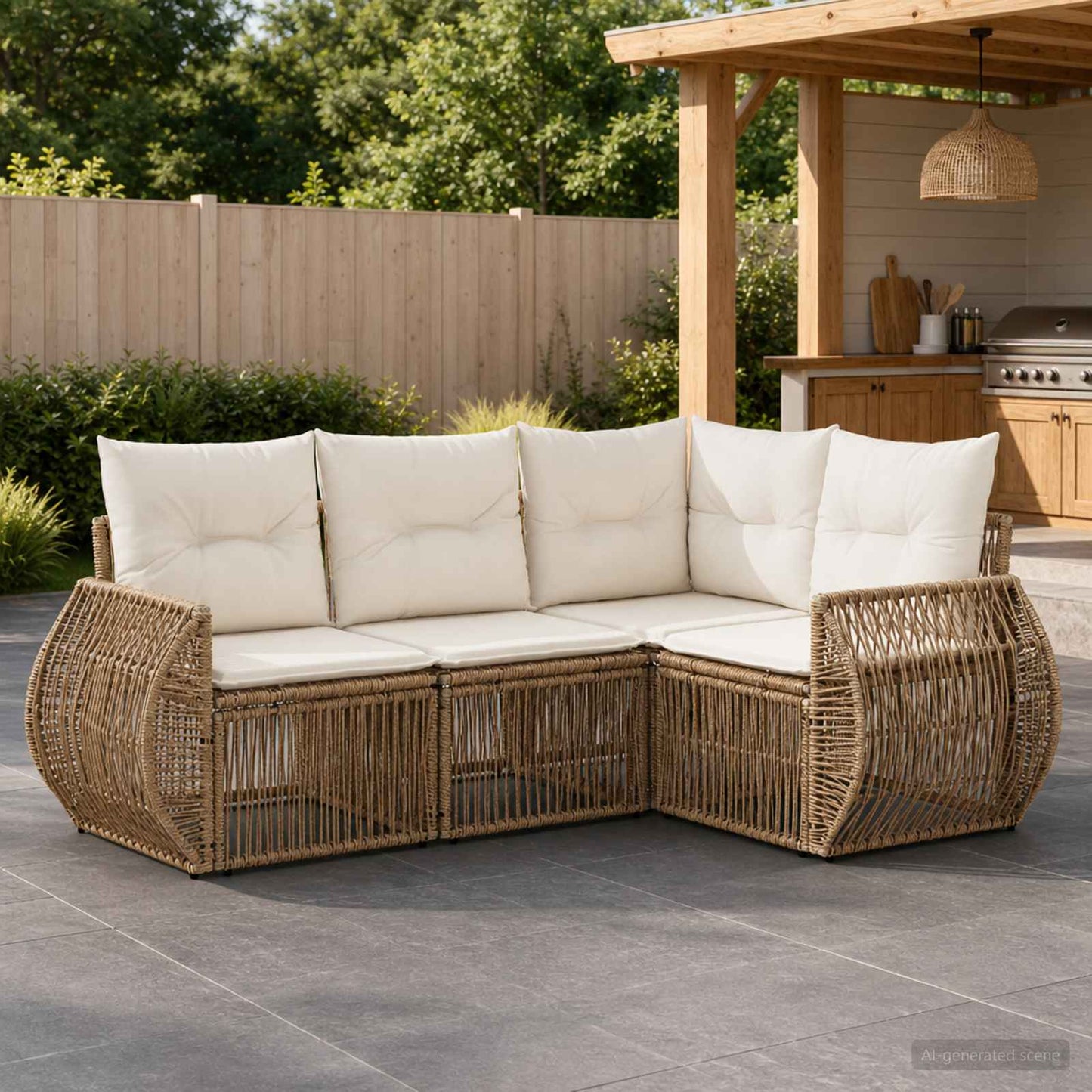 Gartensofa-set 4 pcs Beige und Cremeweiß Poly-Rattan