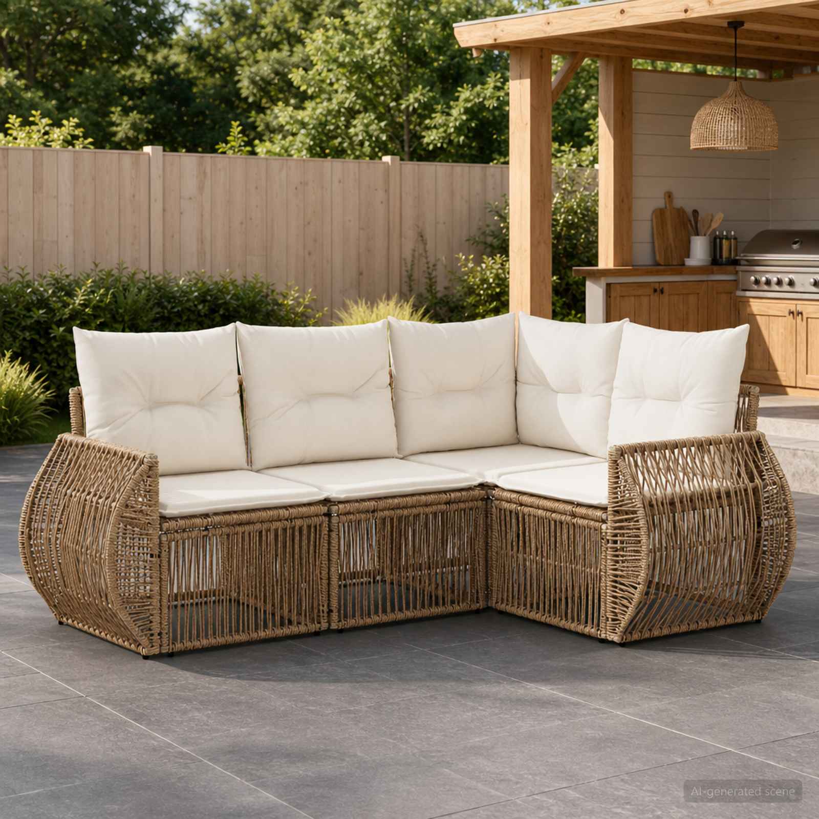 Gartensofa-set 4 pcs Beige und Cremeweiß Poly-Rattan