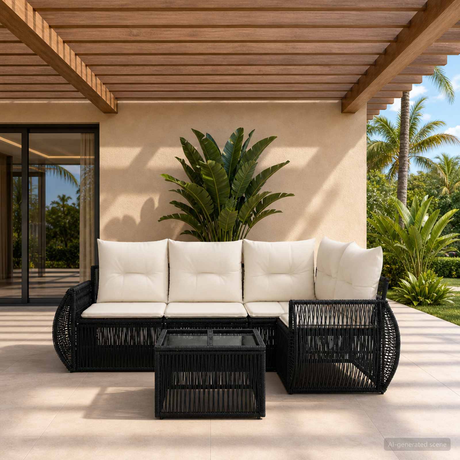 Gartensofa-set 5 stk. Schwarz und Cremeweiß Poly-Rattan