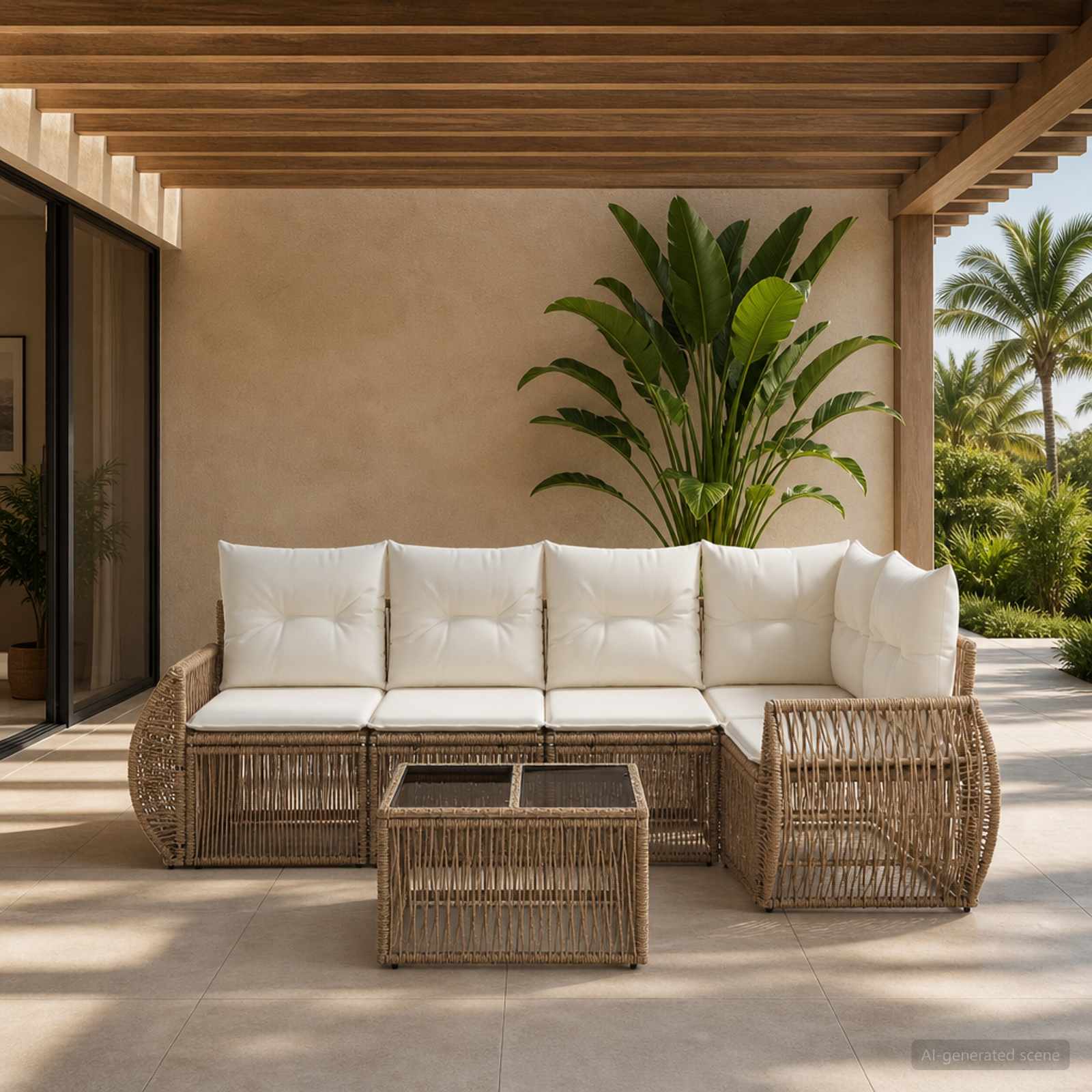 Gartensofa-set 5 pcs Beige und Cremeweiß Poly-Rattan