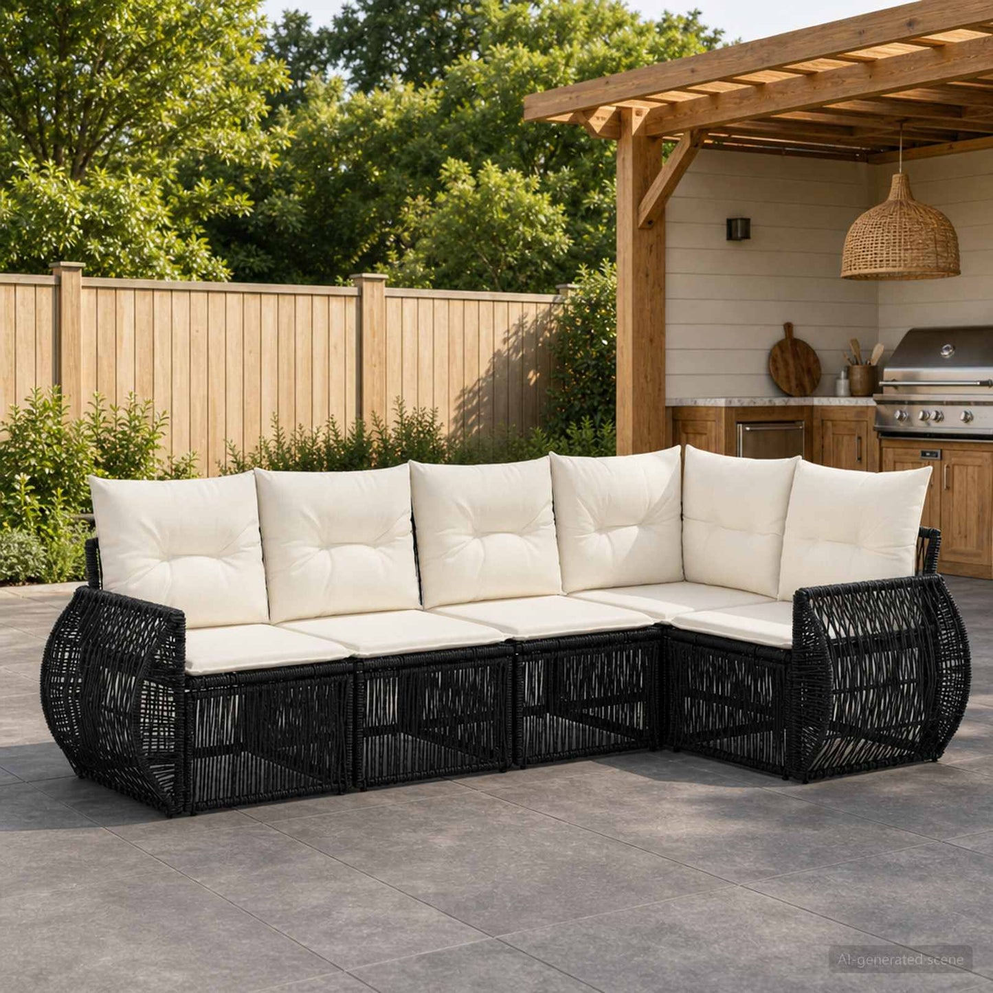 Gartensofa-set 5 pcs Schwarz und Cremeweiß Poly-Rattan