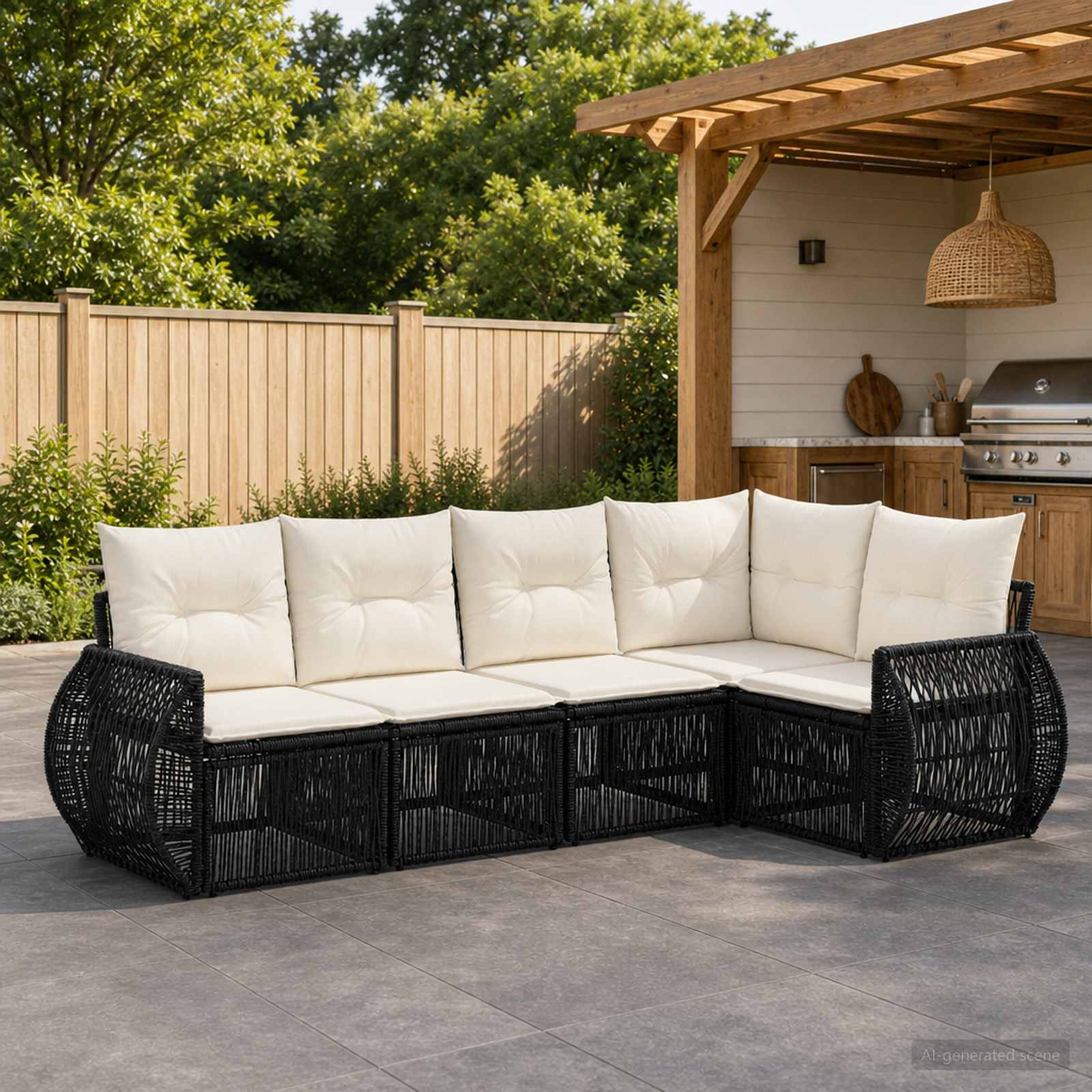 Gartensofa-set 5 pcs Schwarz und Cremeweiß Poly-Rattan