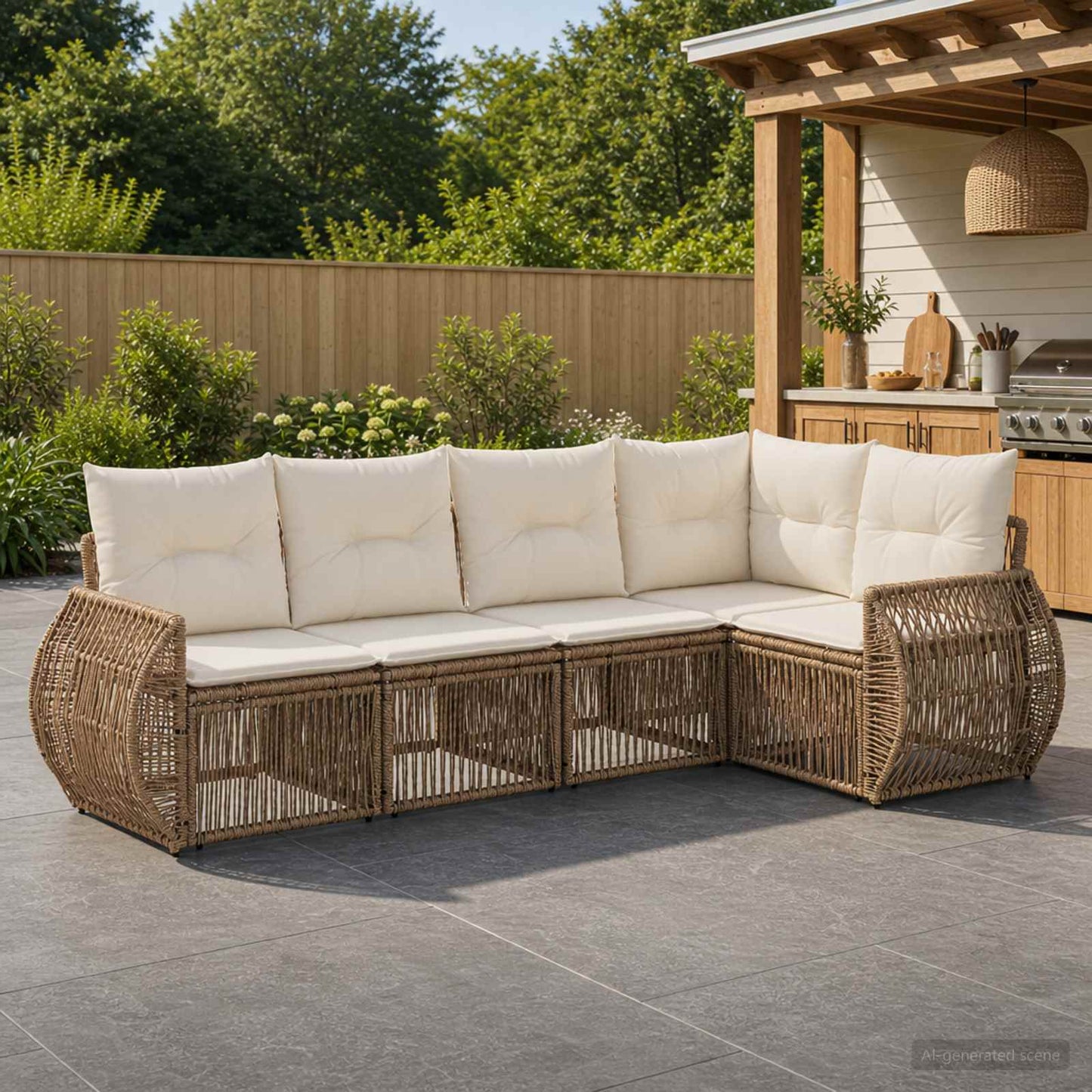 Gartensofa-set 5 pcs Beige und Cremeweiß Poly-Rattan