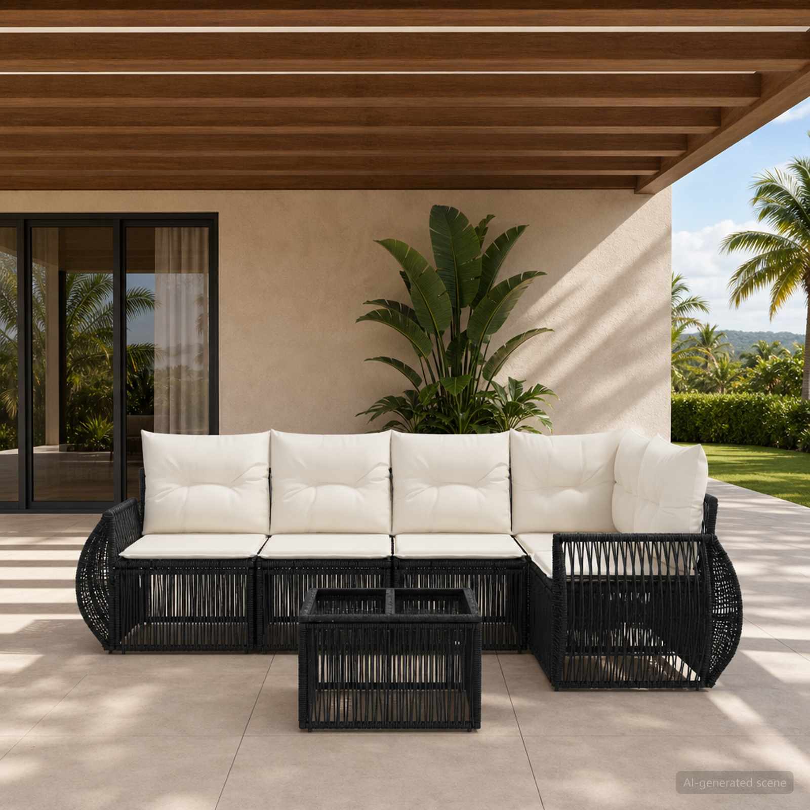 Gartensofa-set 6 stk. Schwarz und Cremeweiß Poly-Rattan