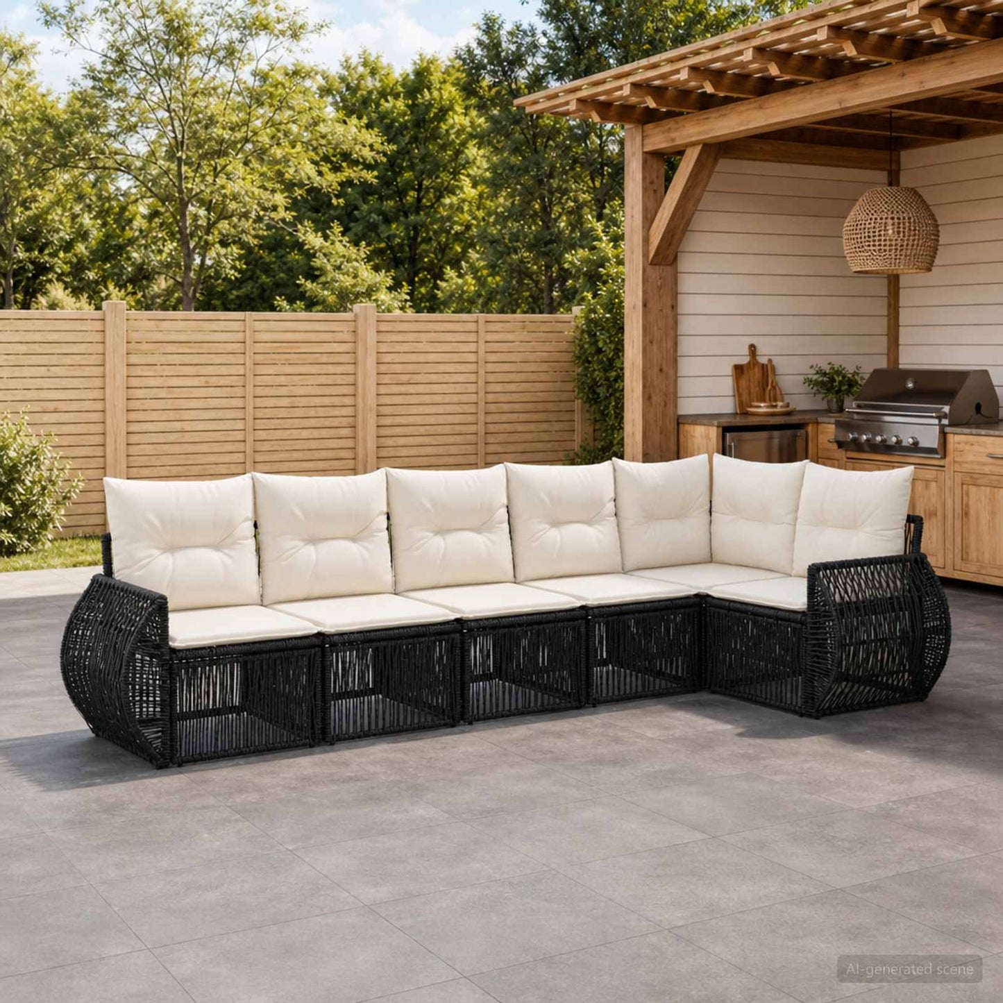 Gartensofa-set 6 pcs Schwarz und Cremeweiß Poly-Rattan