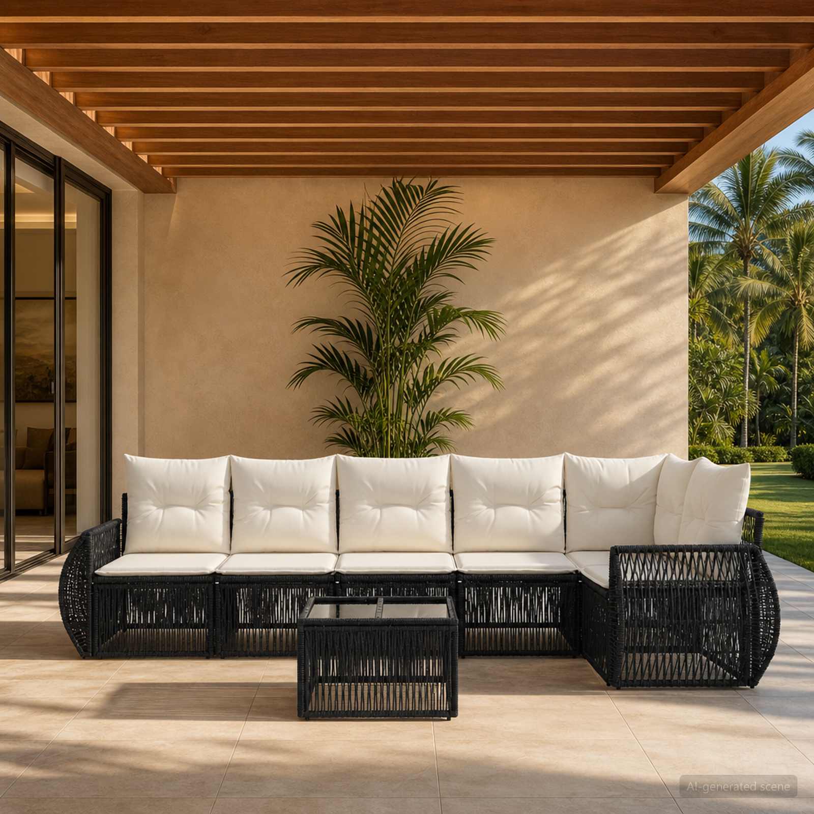 Gartensofa-set 7 stk. Schwarz und Cremeweiß Poly-Rattan