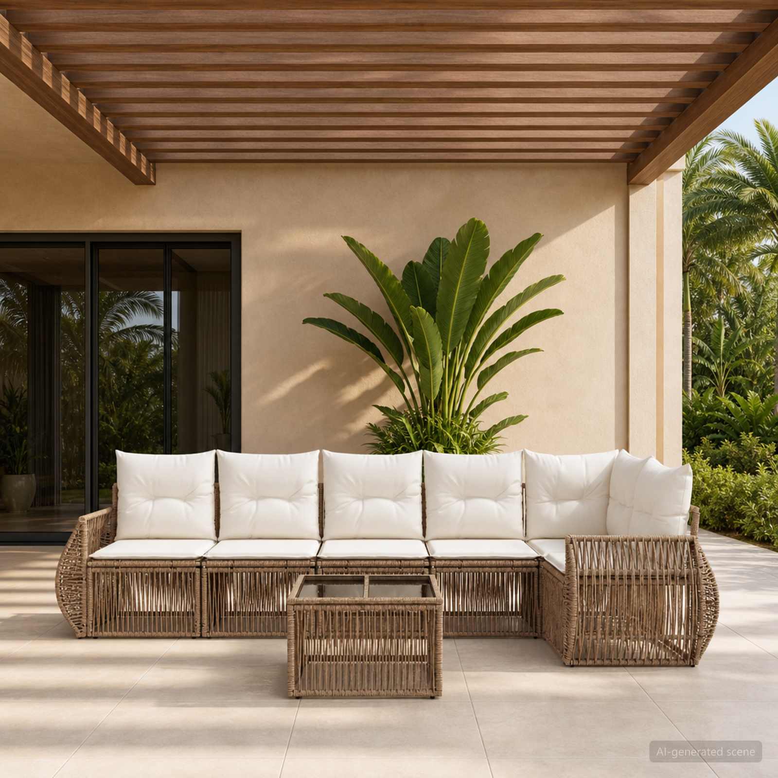 Gartensofa-set 7 pcs Beige und Cremeweiß Poly-Rattan