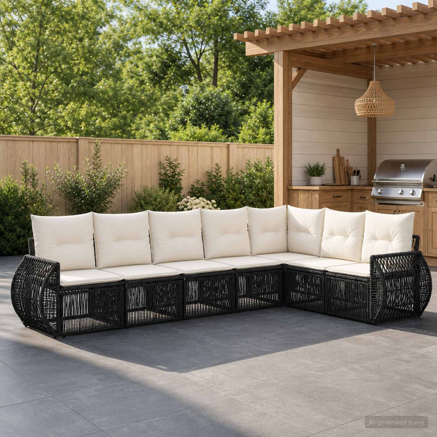 Gartensofa-set 7 pcs Schwarz und Cremeweiß Poly-Rattan