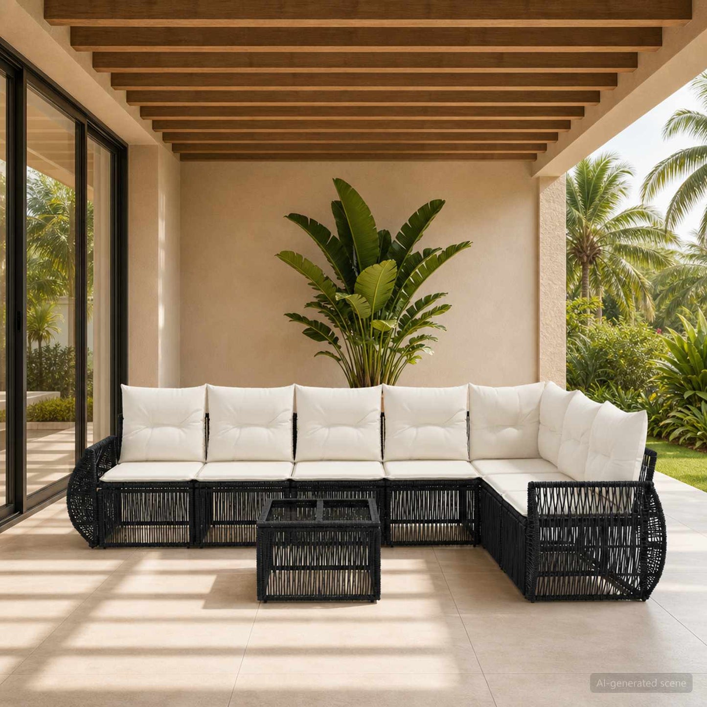 Gartensofa-set 8 stk. Schwarz und Cremeweiß Poly-Rattan