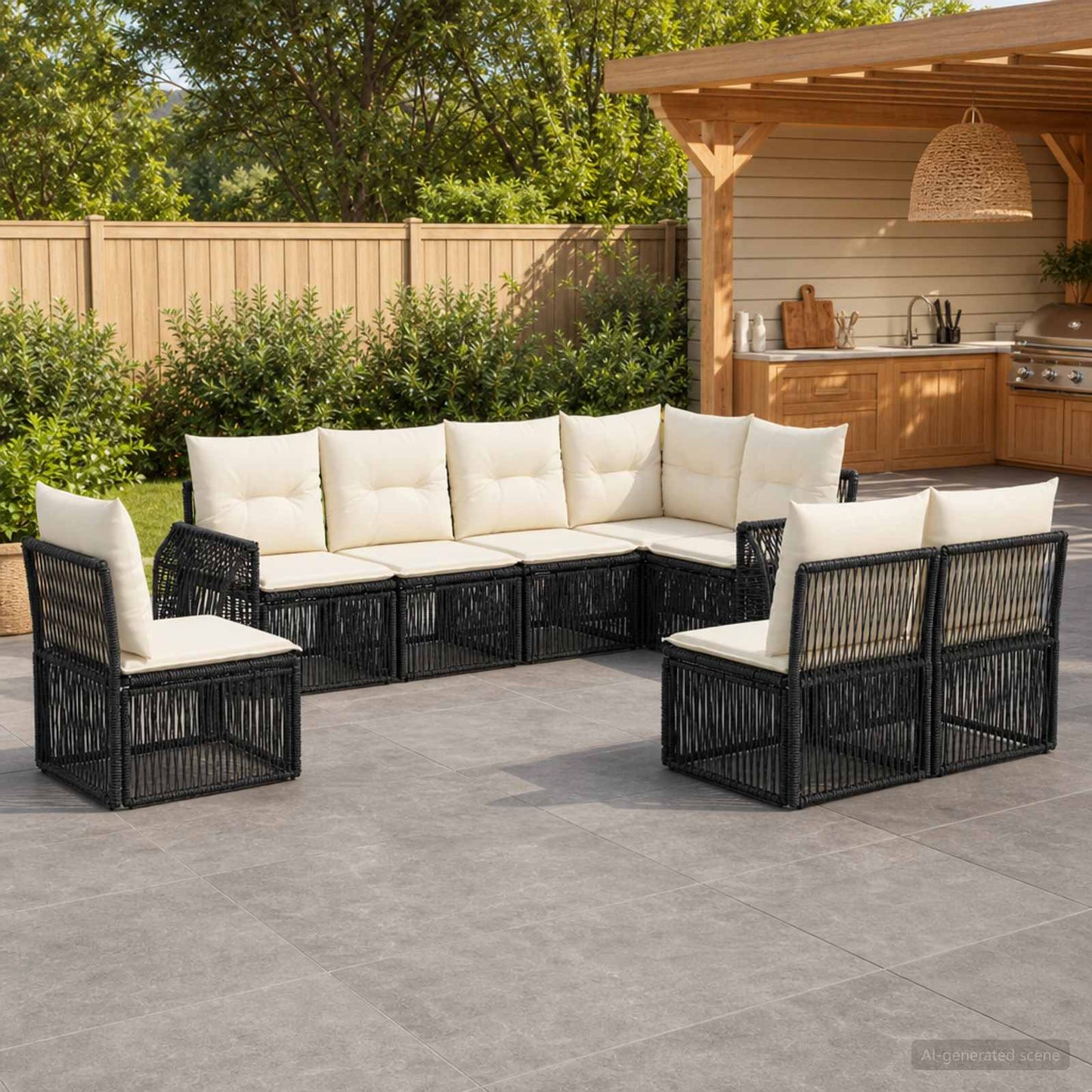 Gartensofa-set 8 pcs Schwarz und Cremeweiß Poly-Rattan
