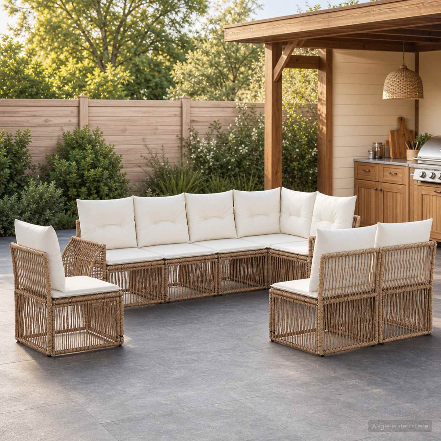 Gartensofa-set 8 pcs Beige und Cremeweiß Poly-Rattan