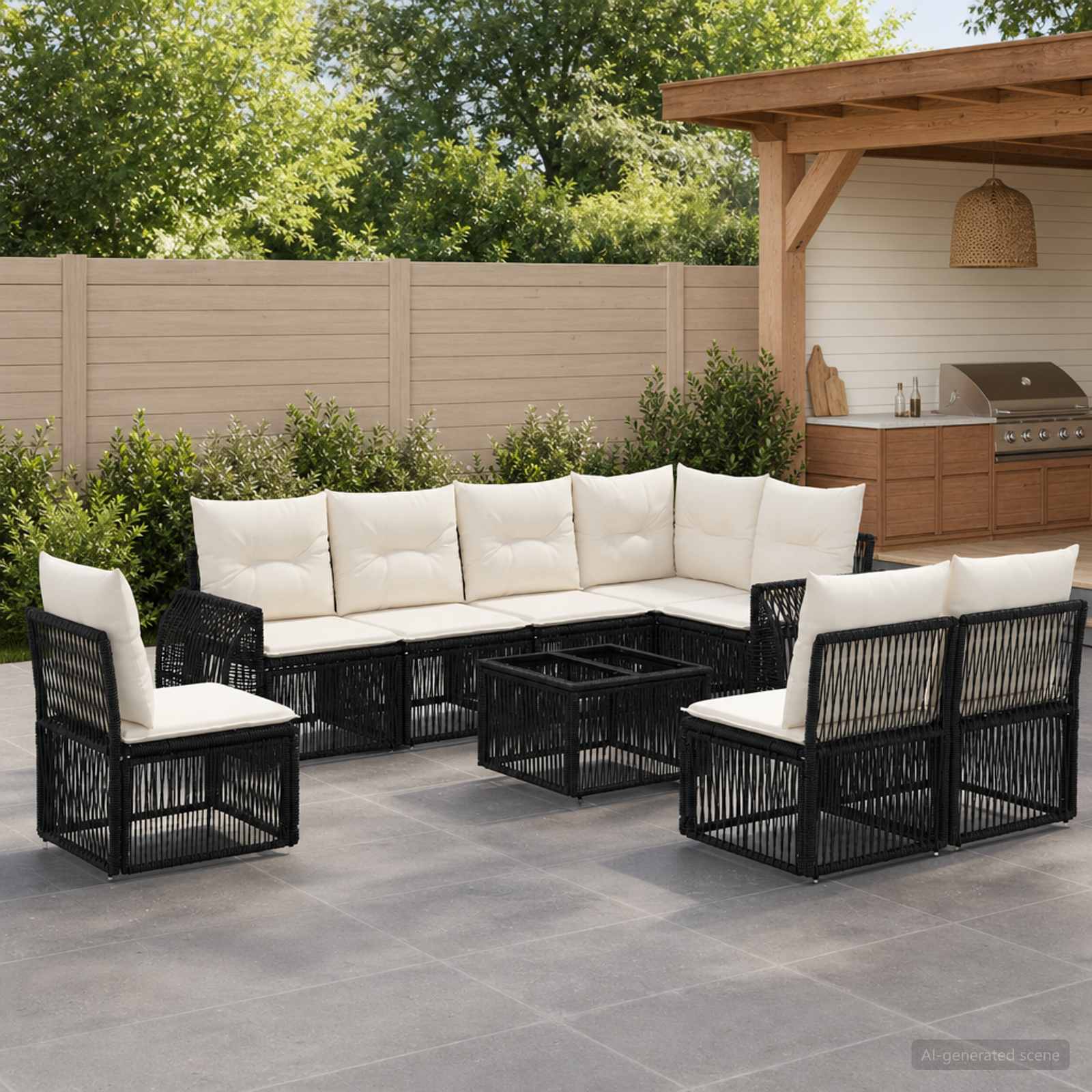 Gartensofa-set 9 stk. Schwarz und Cremeweiß Poly-Rattan