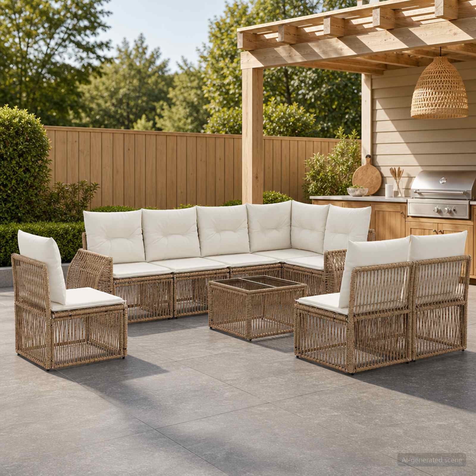 Gartensofa-set 9 pcs Beige und Cremeweiß Poly-Rattan