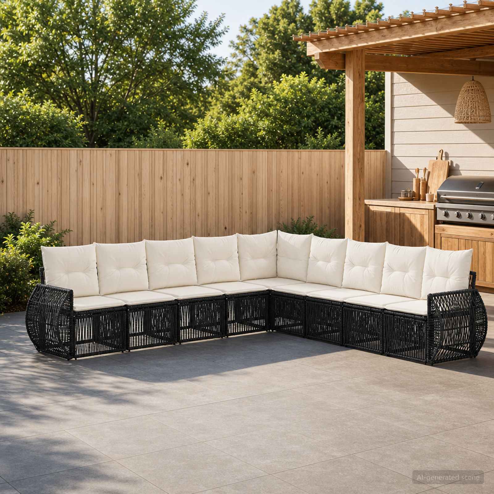 Gartensofa-set 9 pcs Schwarz und Cremeweiß Poly-Rattan