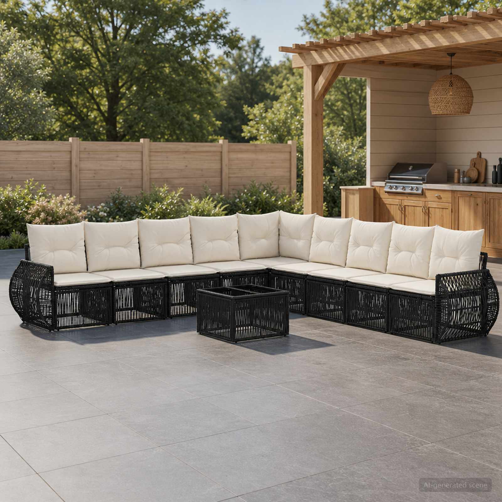 Gartensofa-set 10 stk. Schwarz und Cremeweiß Poly-Rattan