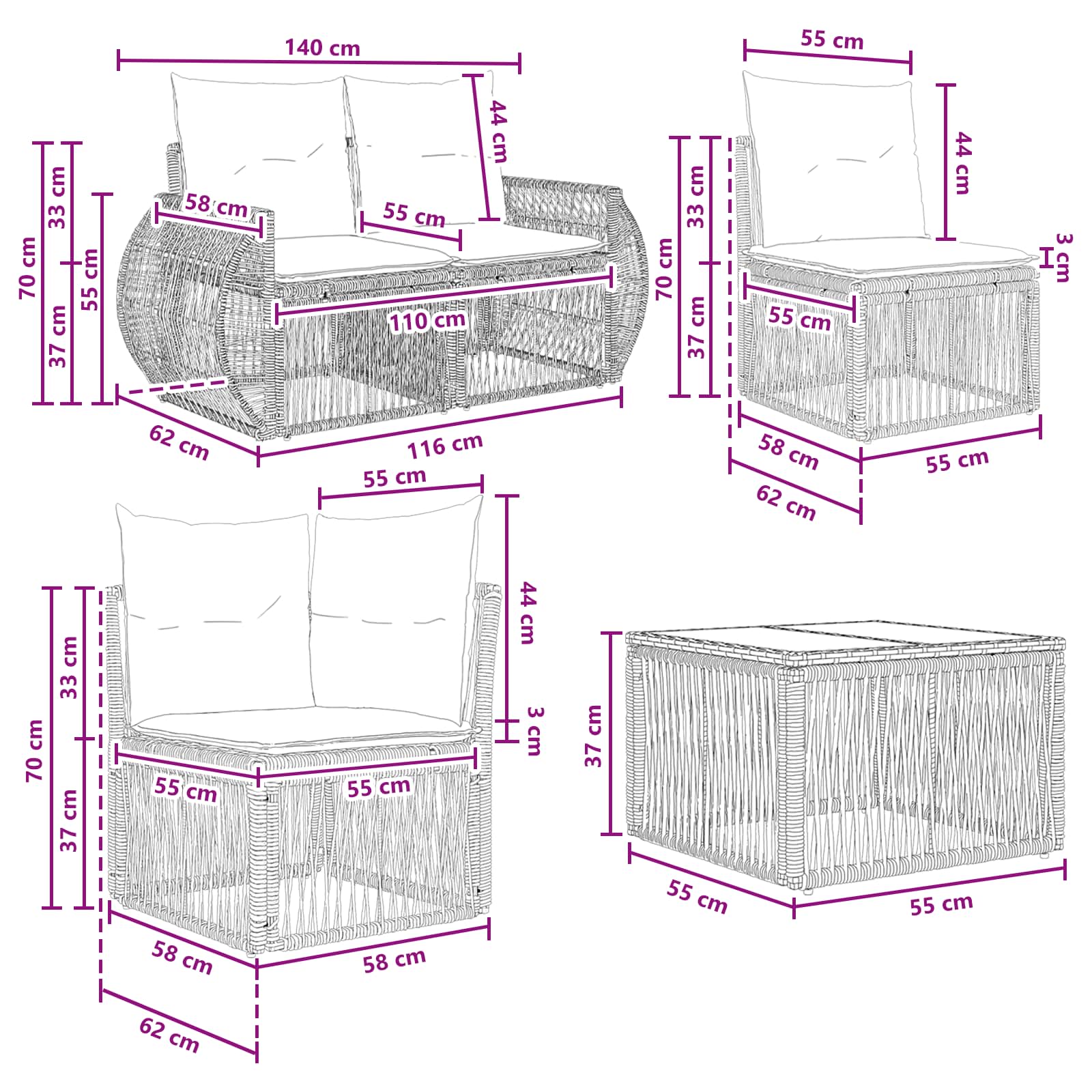 Gartensofa-set 10 stk. Grau und Dunkelgrau Poly-Rattan