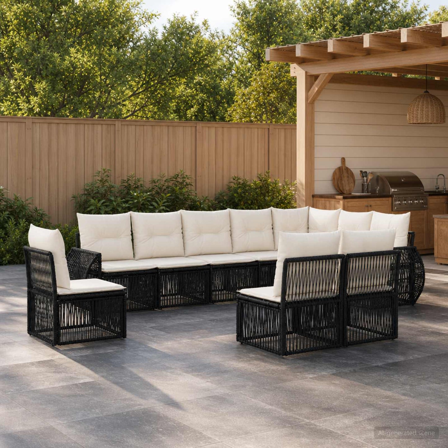 Gartensofa-set 10 pcs Schwarz und Cremeweiß Poly-Rattan