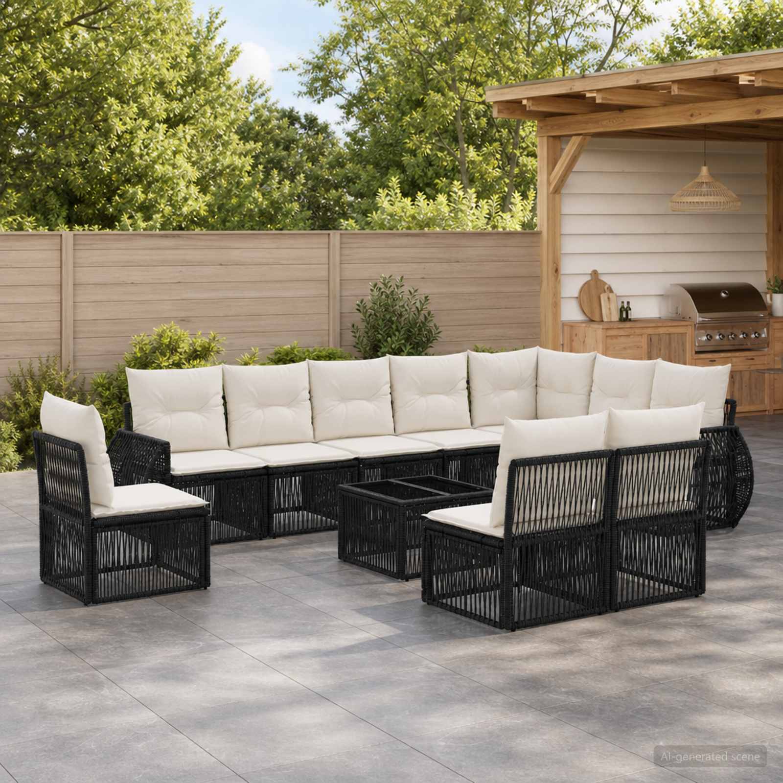 Gartensofa-set 11 stk. Schwarz und Cremeweiß Poly-Rattan