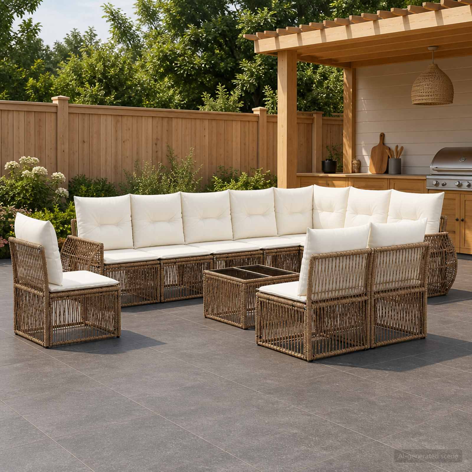 Gartensofa-set 11 pcs Beige und Cremeweiß Poly-Rattan