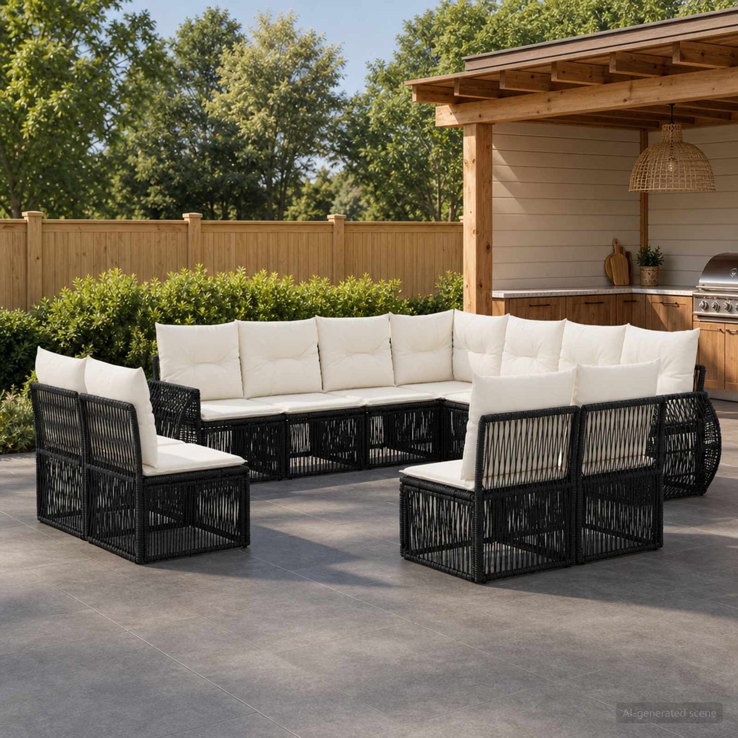 Gartensofa-set 11 pcs Schwarz und Cremeweiß Poly-Rattan