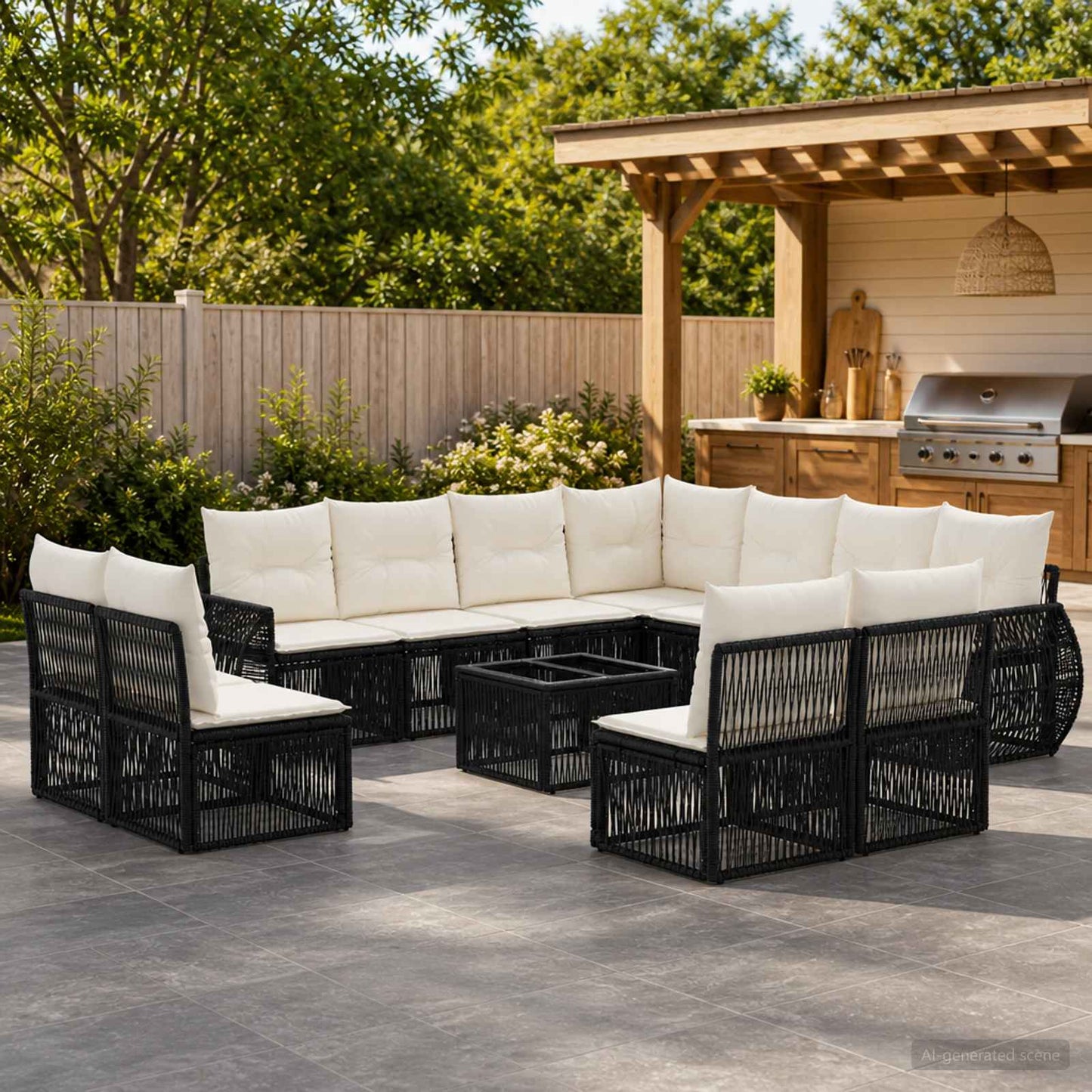Gartensofa-set 12 pcs Schwarz und Cremeweiß Poly-Rattan