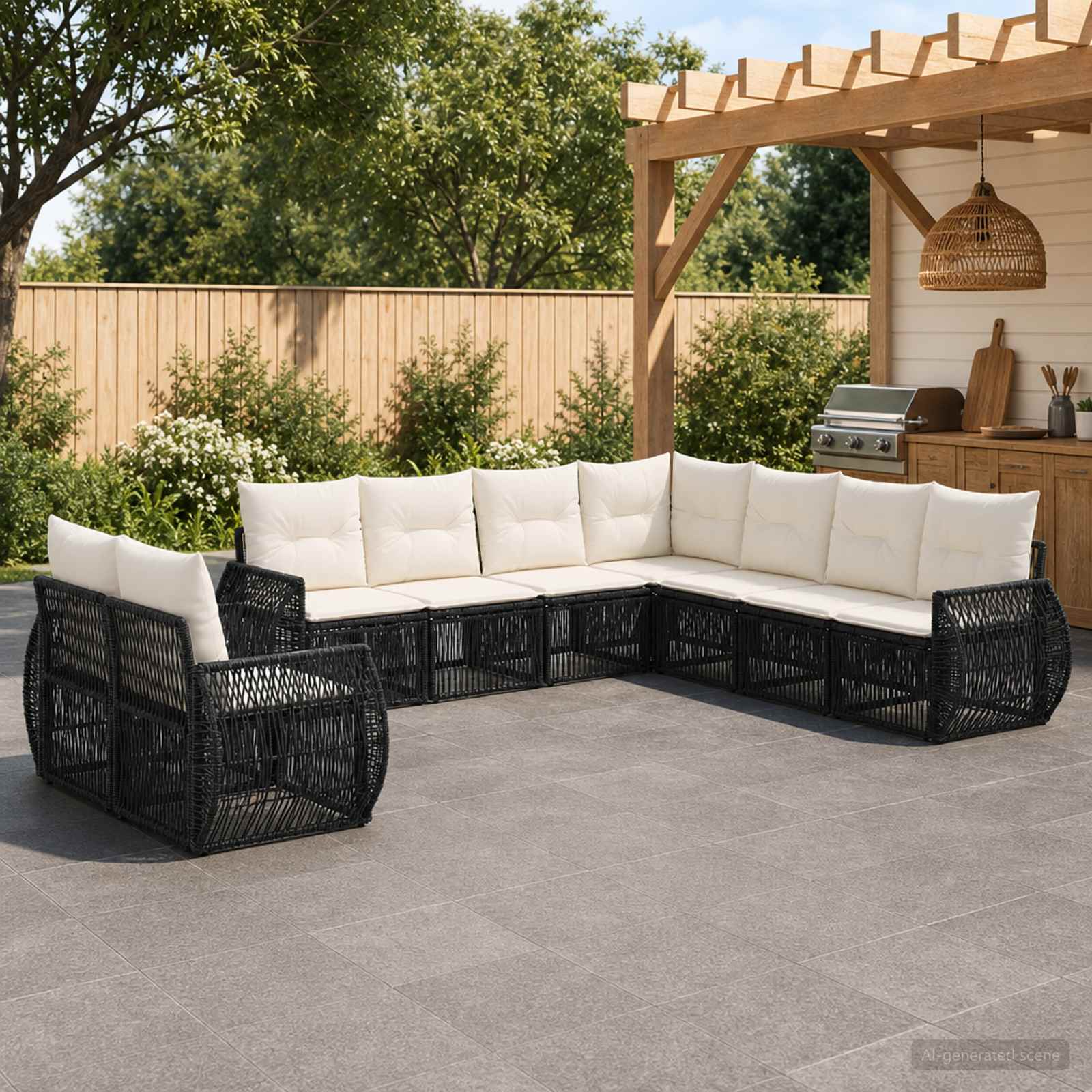 Gartensofa-set 9 pcs Schwarz und Cremeweiß Poly-Rattan