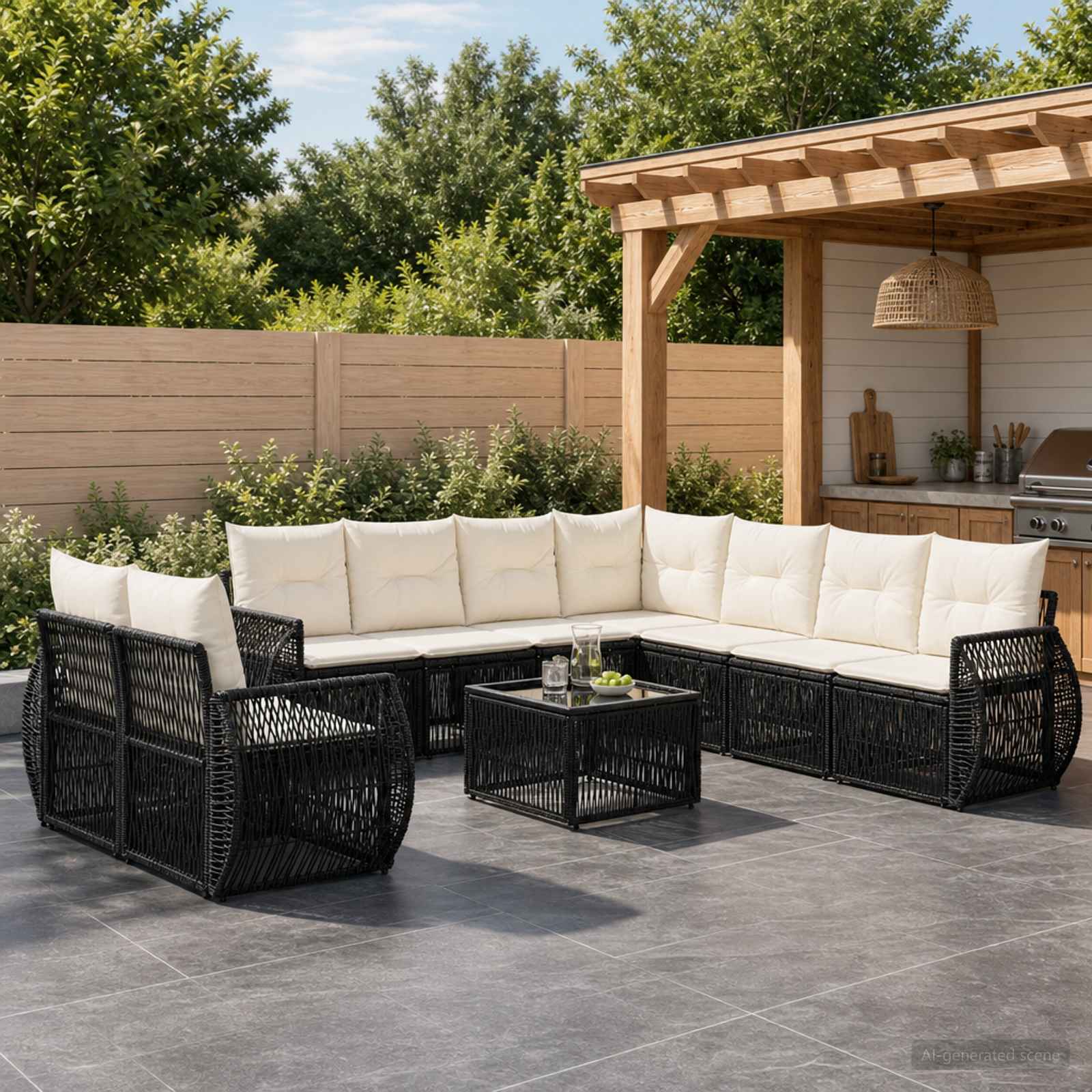 Gartensofa-set 10 pcs Schwarz und Cremeweiß Poly-Rattan