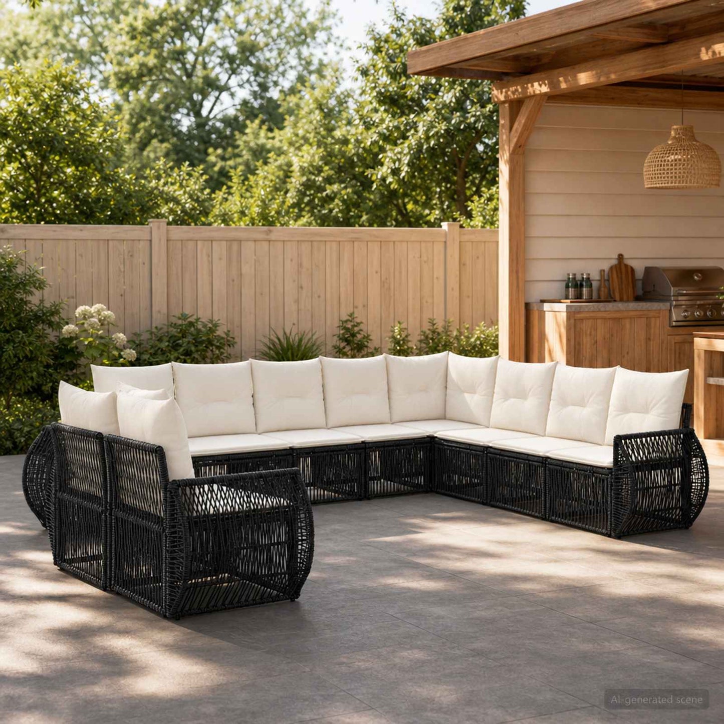 Gartensofa-set 10 pcs Schwarz und Cremeweiß Poly-Rattan