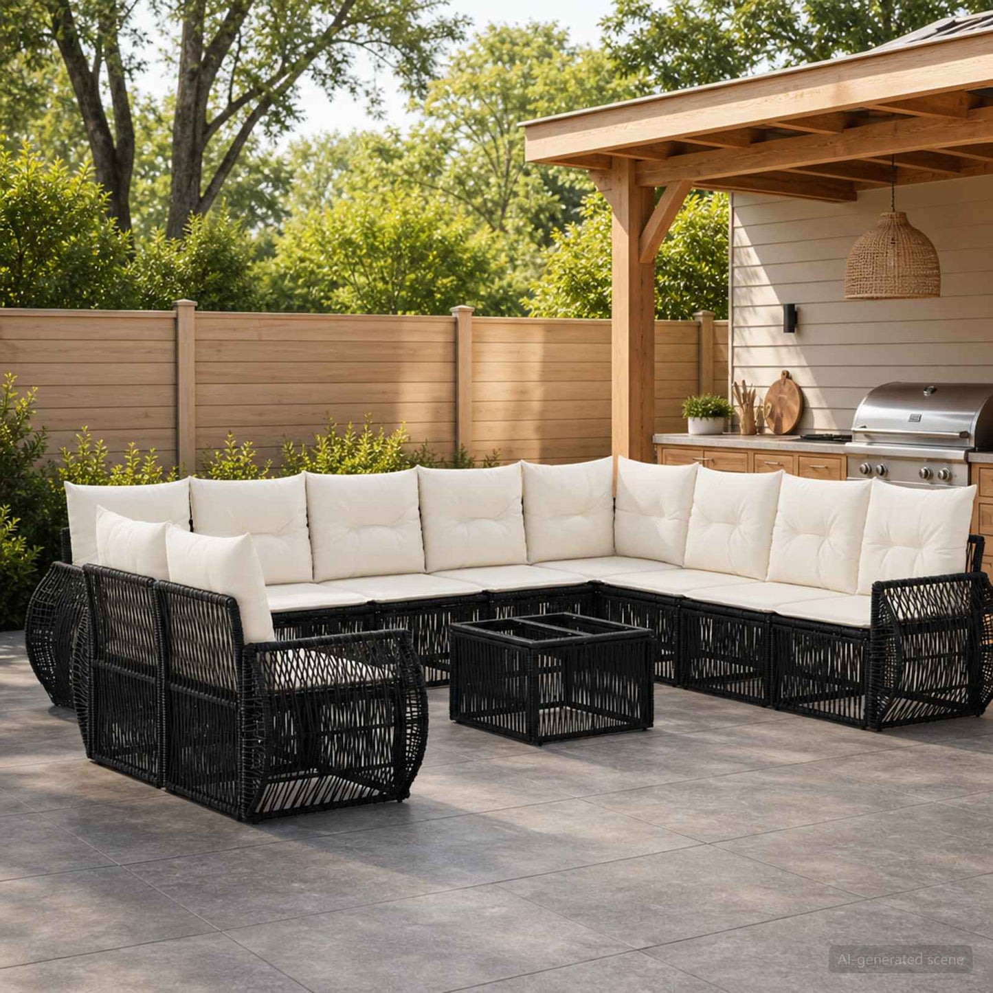 Gartensofa-set 11 pcs Schwarz und Cremeweiß Poly-Rattan