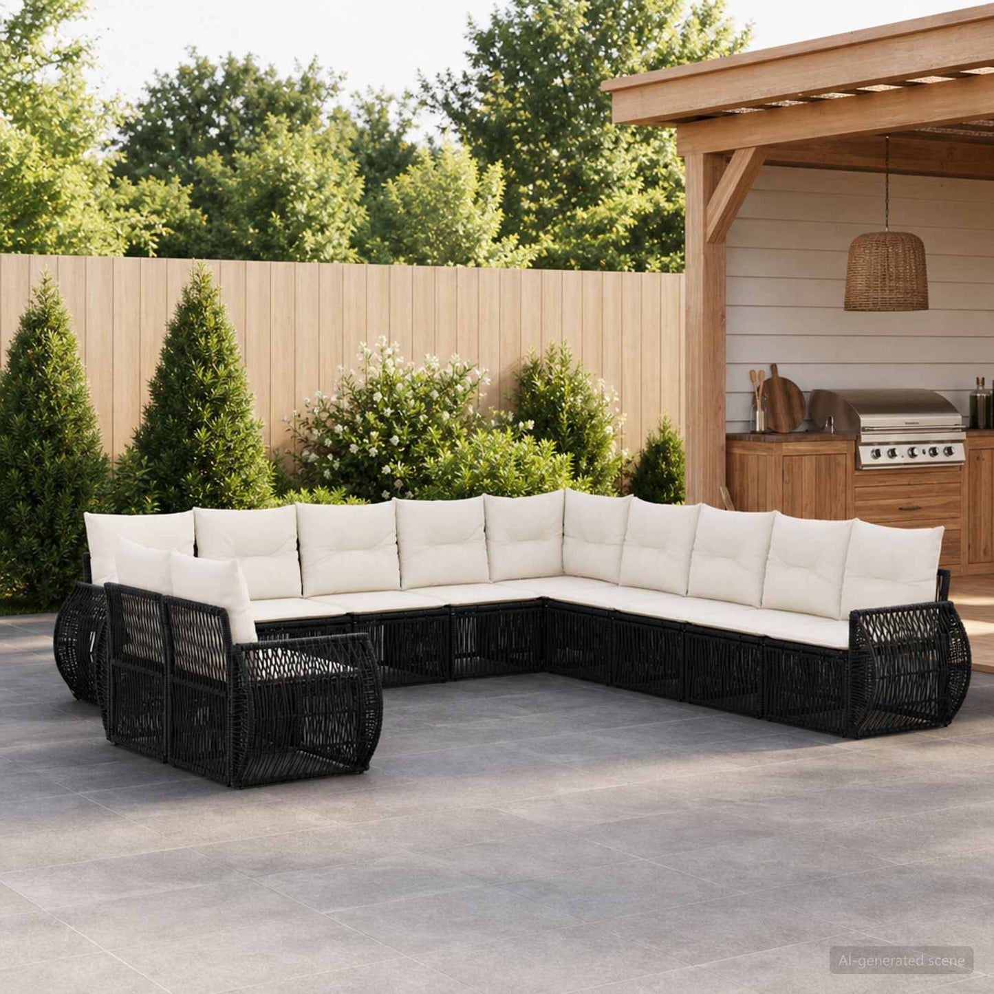 Gartensofa-set 11 pcs Schwarz und Cremeweiß Poly-Rattan