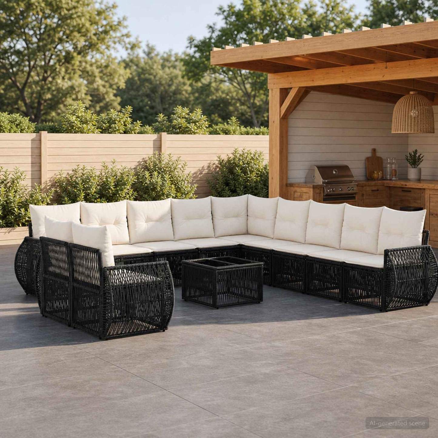Gartensofa-set 12 pcs Schwarz und Cremeweiß Poly-Rattan