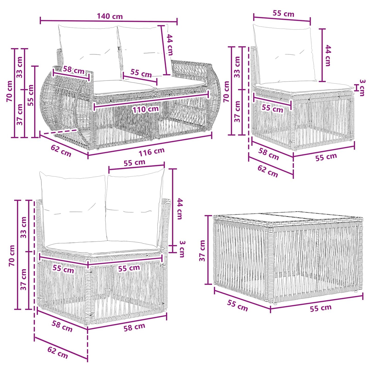 Gartensofa-set 12 stk. Grau und Dunkelgrau Poly-Rattan